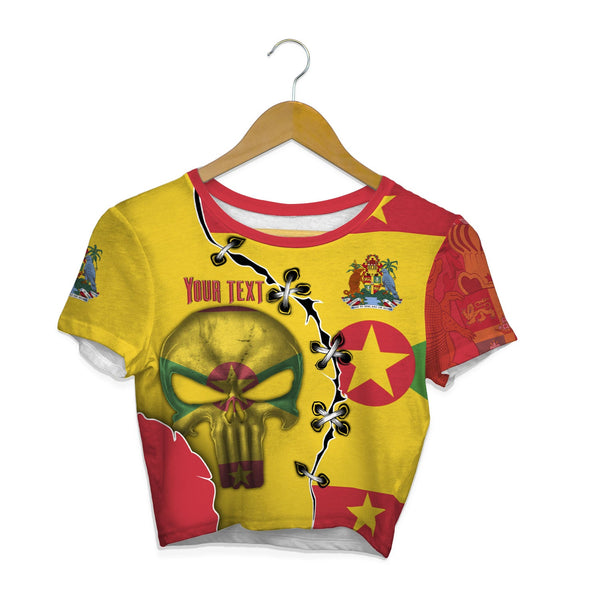 Grenada Crop Top T Shirt Flag & Coat Of Arms Skull Style