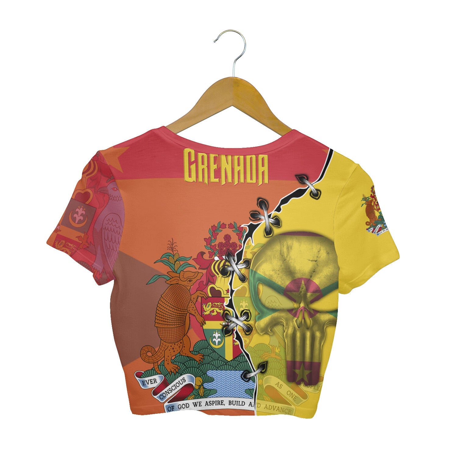 Grenada Crop Top T Shirt Flag & Coat Of Arms Skull Style