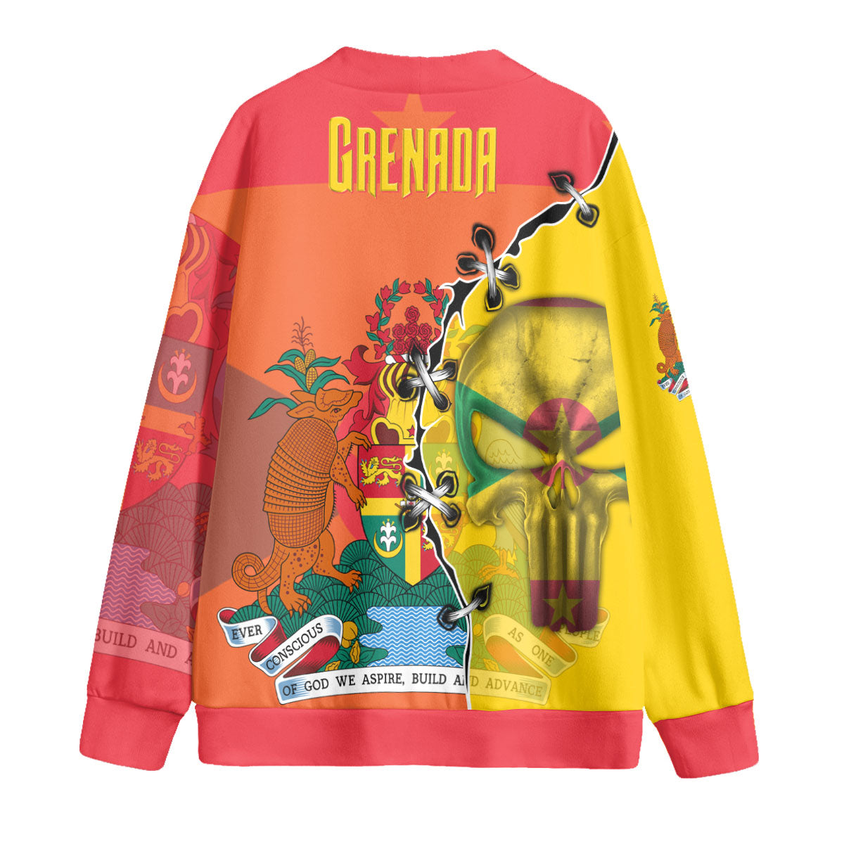 Grenada Fleece Cardigan Flag & Coat Of Arms Skull Style