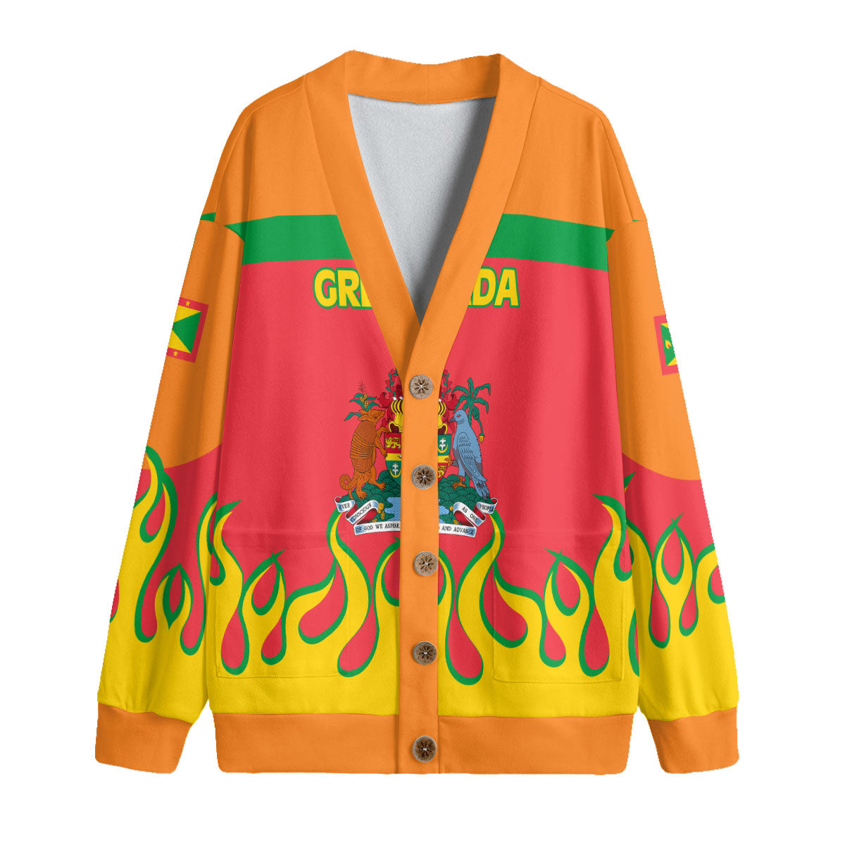 Grenada Fleece Cardigan Flag & Coat Of Arms Fire Hockey Style