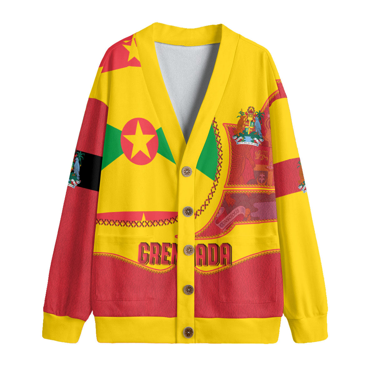 Grenada Fleece Cardigan Flag & Coat Of Arms Leather Style