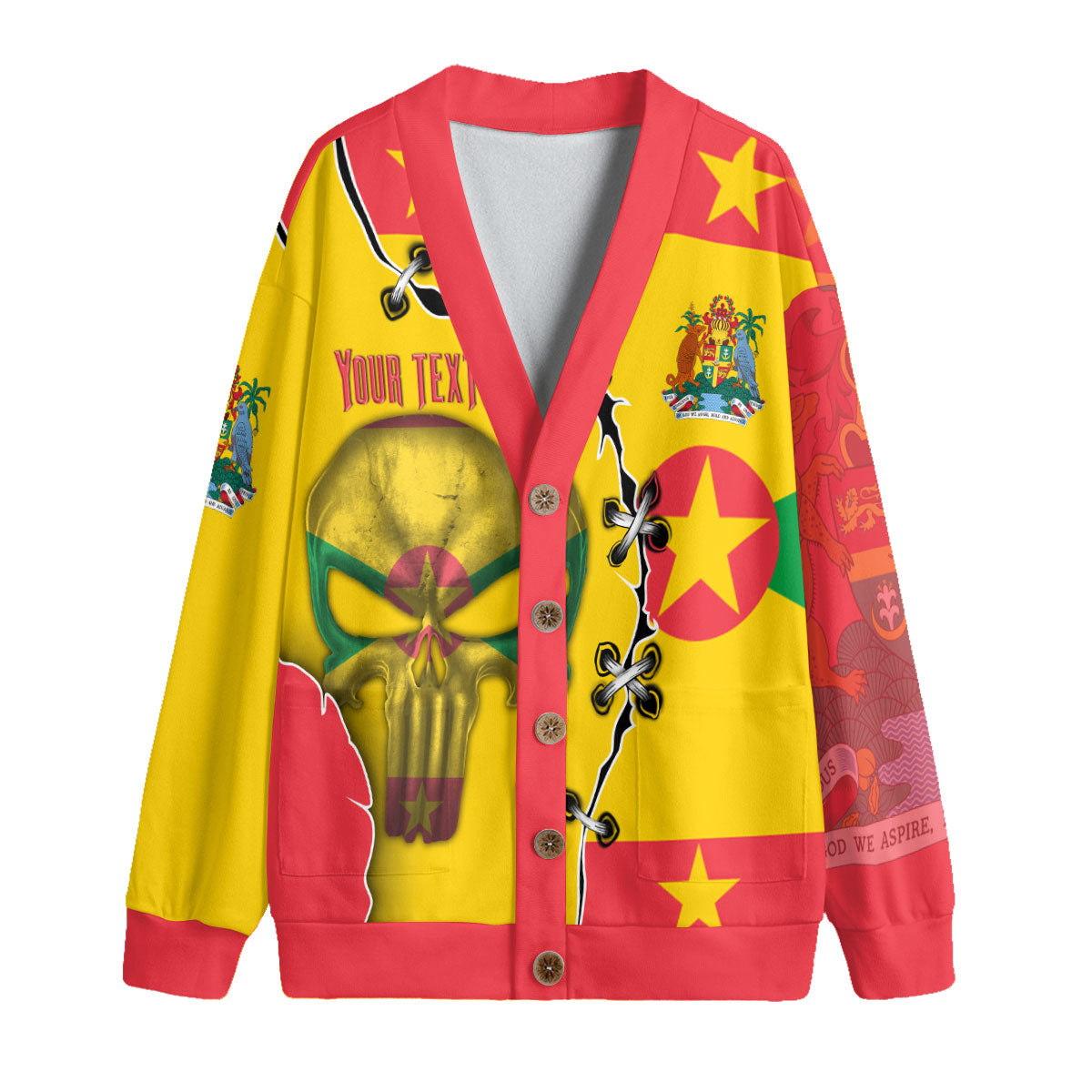 Grenada Fleece Cardigan Flag & Coat Of Arms Skull Style