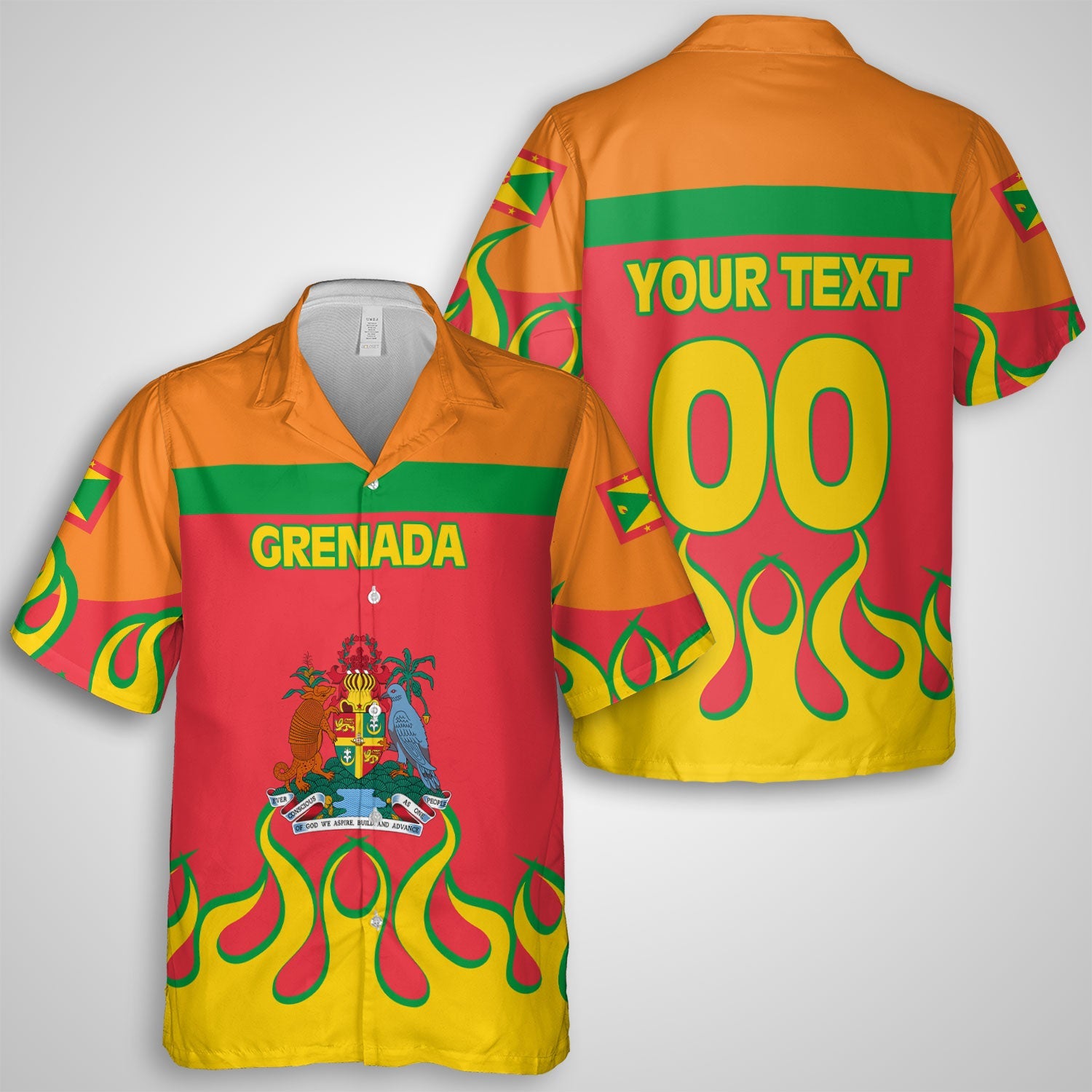 Grenada Hawaiian Shirt Flag & Coat Of Arms Fire Hockey Style