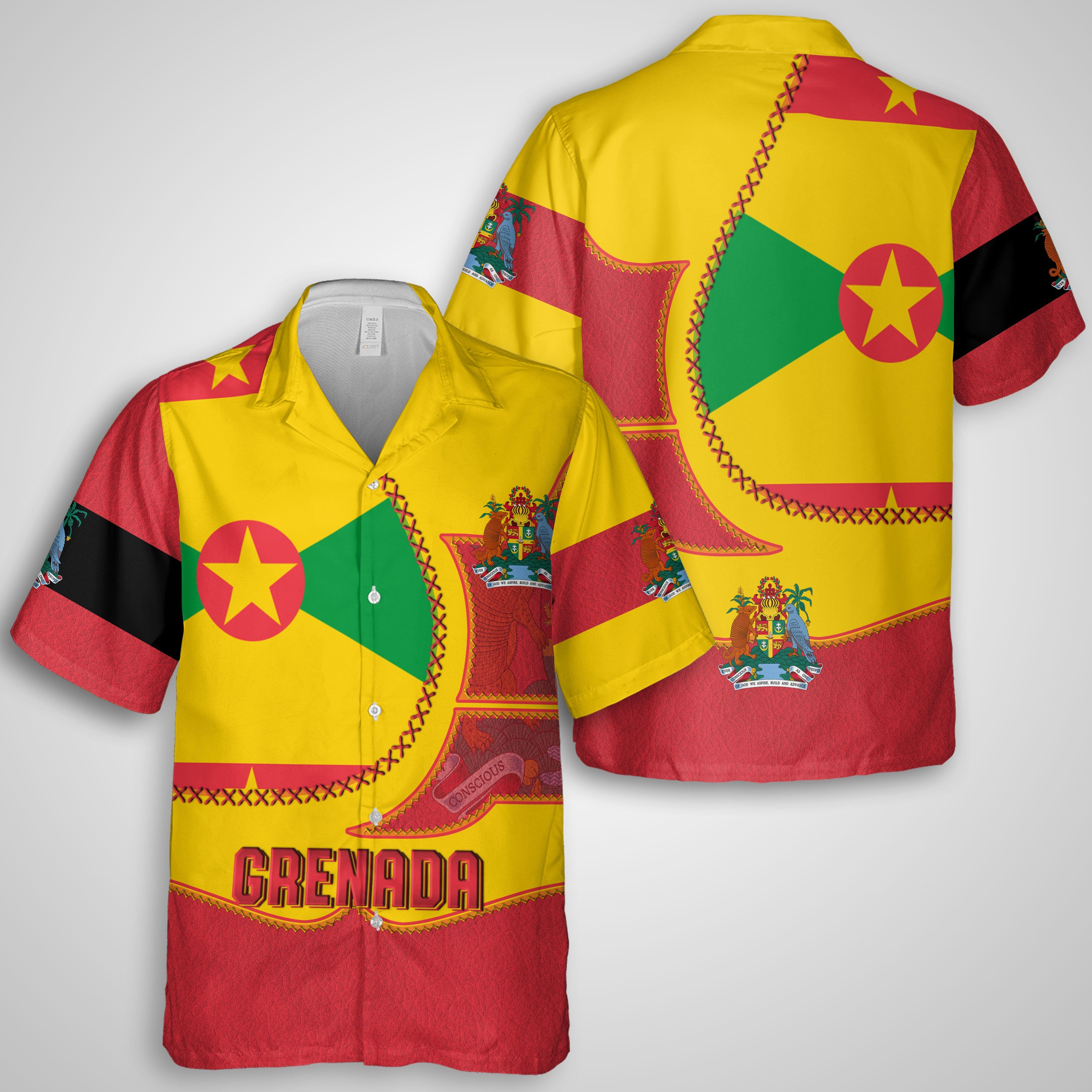 Grenada Hawaiian Shirt Flag & Coat Of Arms Leather Style