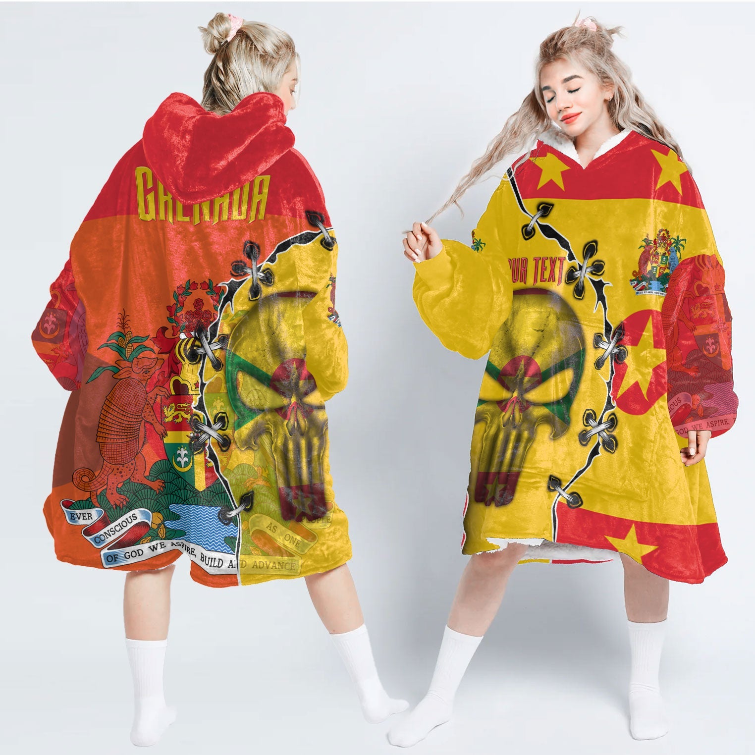 Grenada Snug Hoodie Flag & Coat Of Arms Skull Style