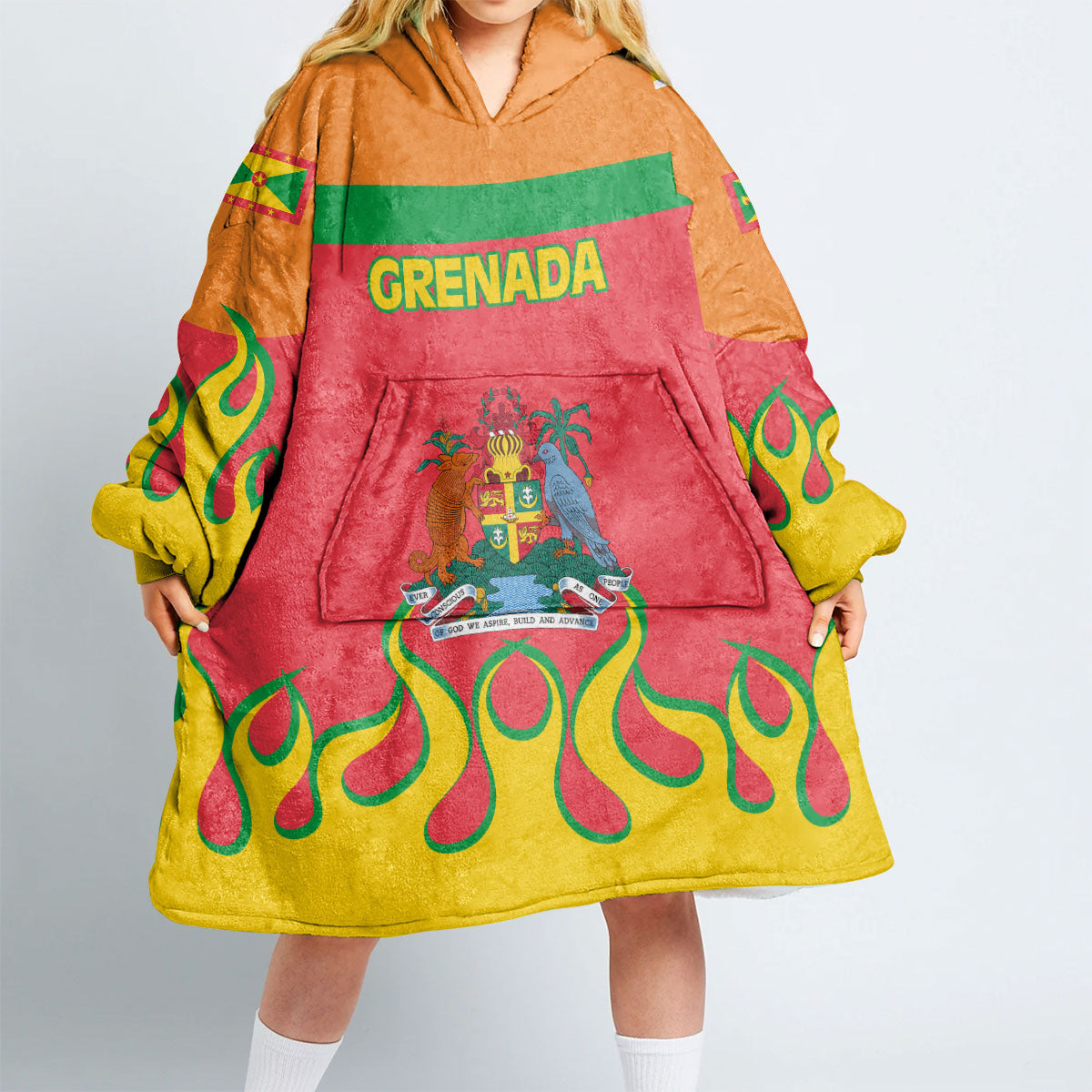 Grenada Snug Hoodie Flag & Coat Of Arms Fire Hockey Style