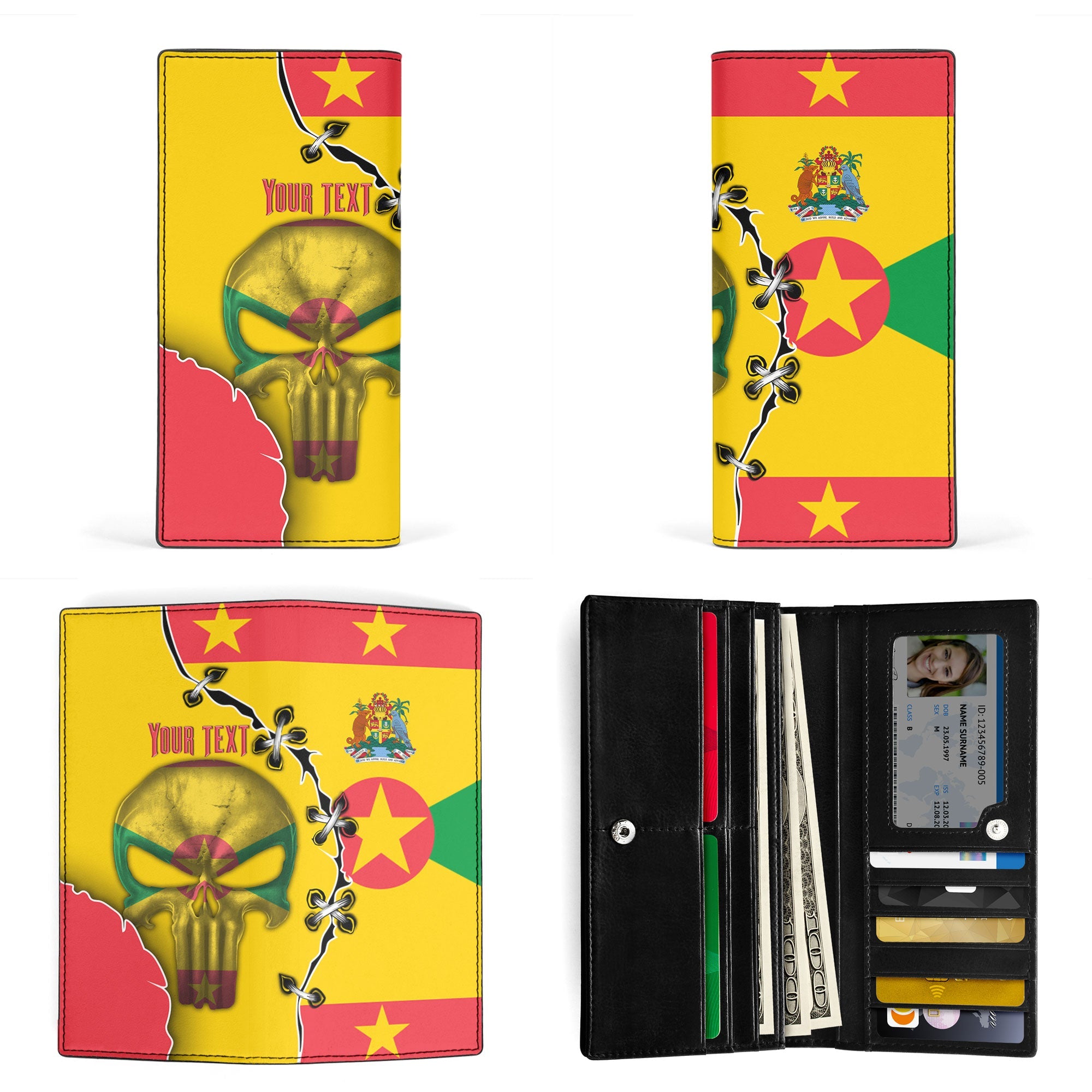 Grenada Leather Wallet Flag & Coat Of Arms Skull Style