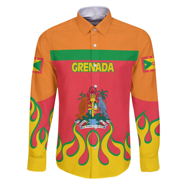 Grenada Long Sleeve Button Shirt Flag & Coat Of Arms Fire Hockey Style