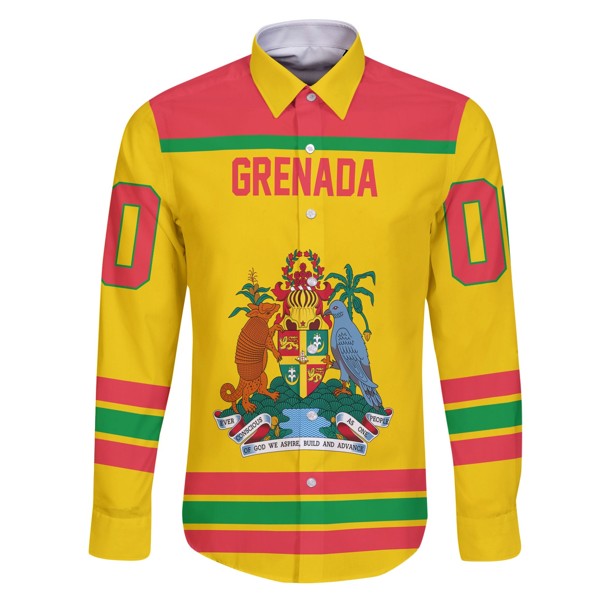 Grenada Long Sleeve Button Shirt Flag & Coat Of Arms Hockey Style