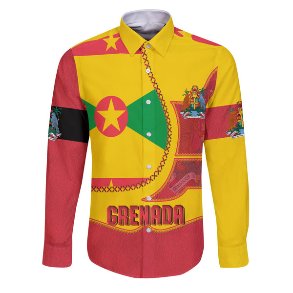 Grenada Long Sleeve Button Shirt Flag & Coat Of Arms Leather Style