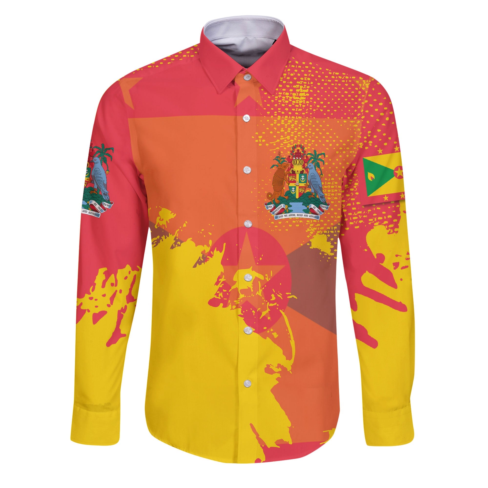 Grenada Long Sleeve Button Shirt Flag & Coat Of Arms Paint Style