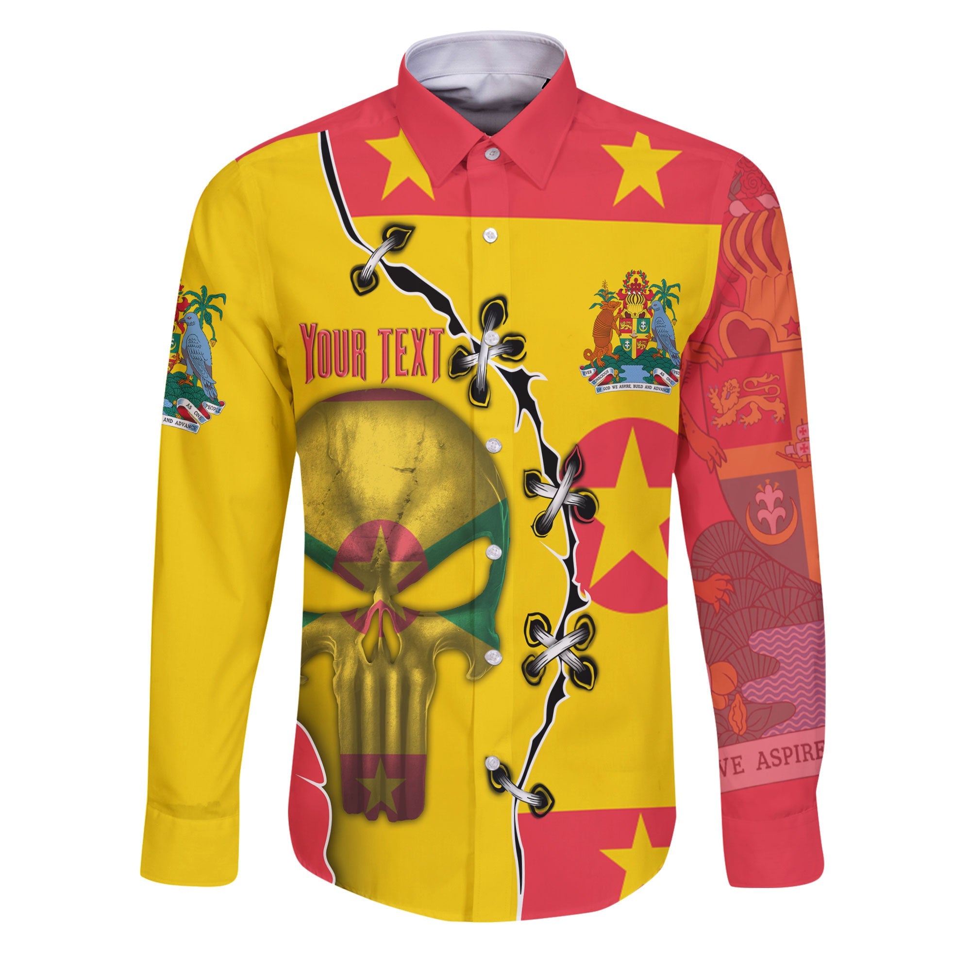 Grenada Long Sleeve Button Shirt Flag & Coat Of Arms Skull Style