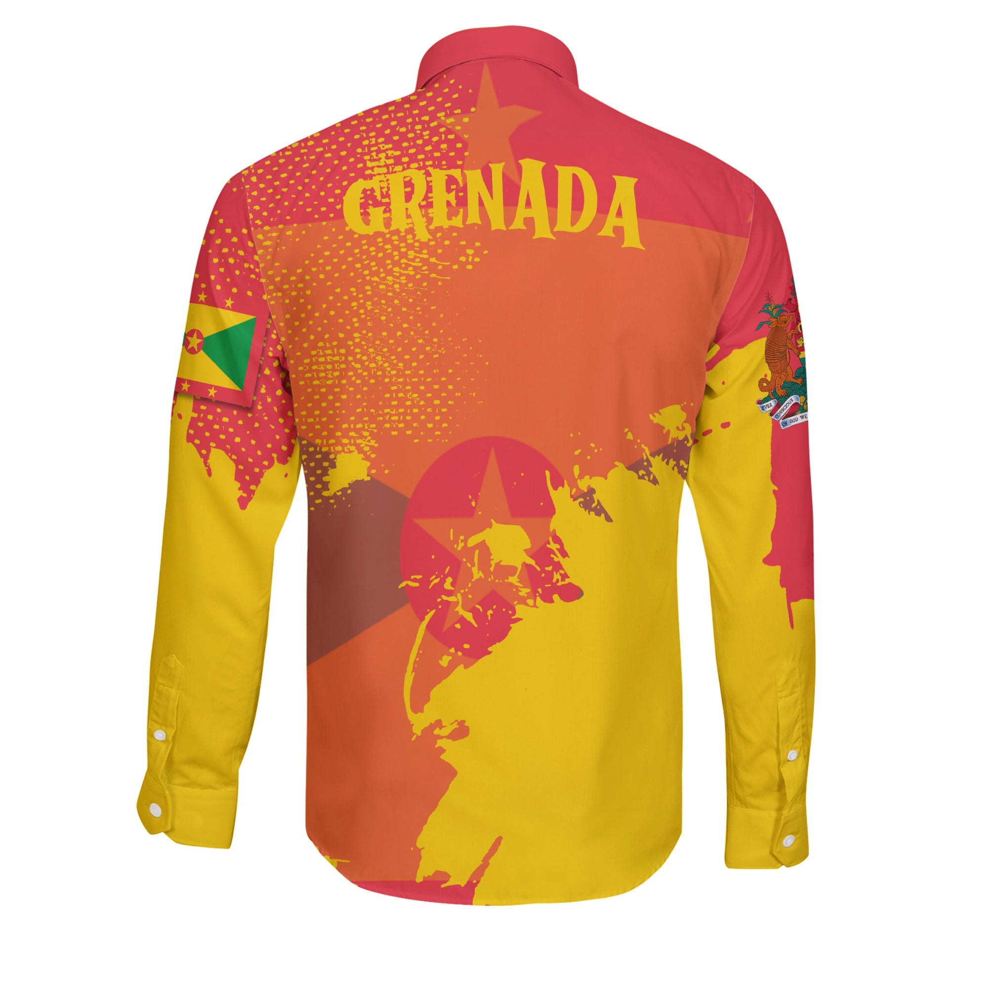 Grenada Long Sleeve Button Shirt Flag & Coat Of Arms Paint Style