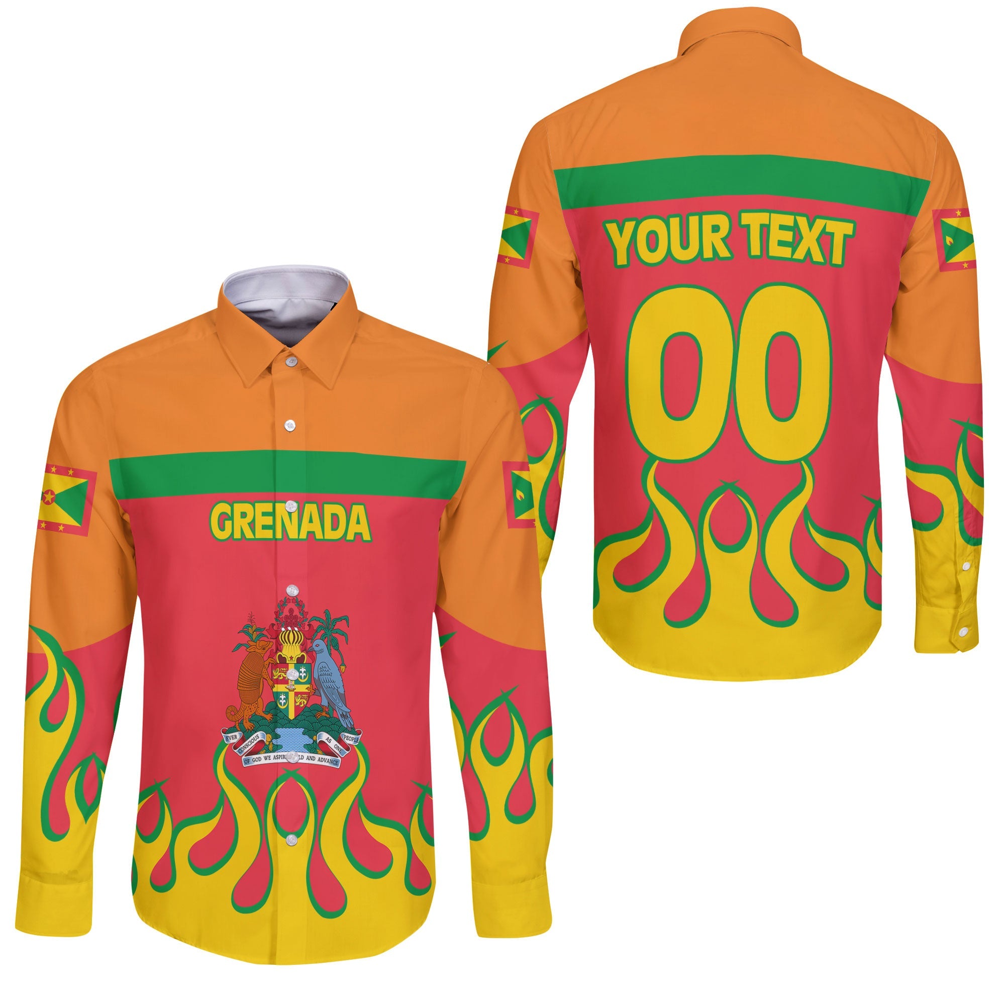 Grenada Long Sleeve Button Shirt Flag & Coat Of Arms Fire Hockey Style