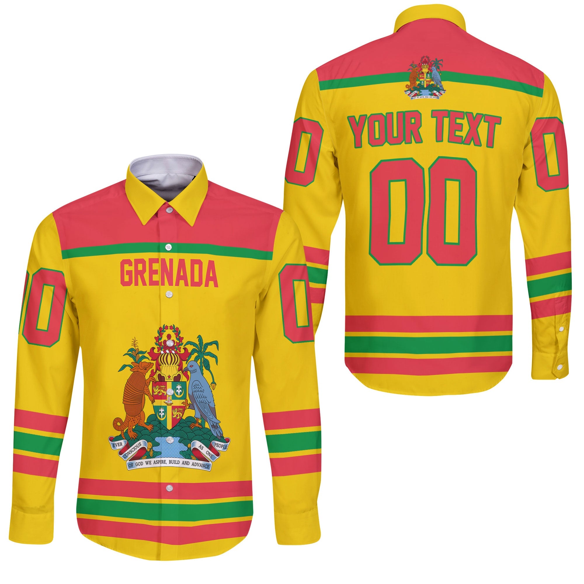 Grenada Long Sleeve Button Shirt Flag & Coat Of Arms Hockey Style