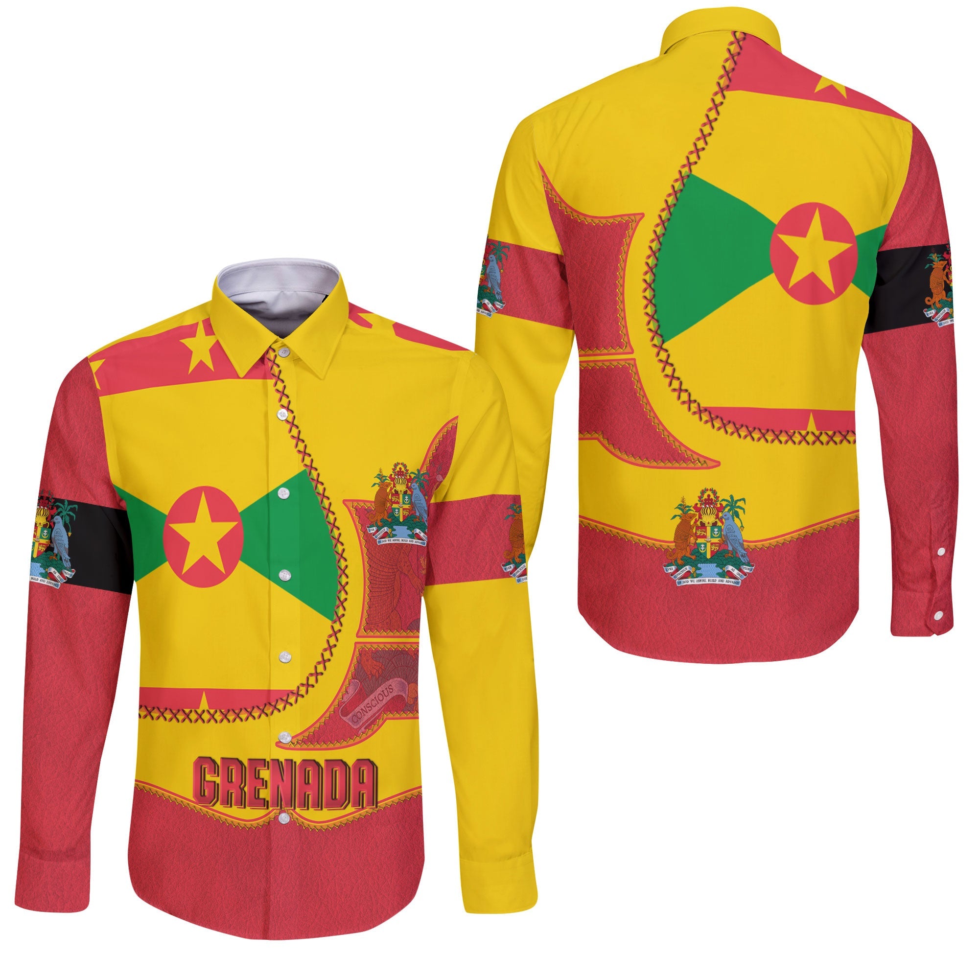 Grenada Long Sleeve Button Shirt Flag & Coat Of Arms Leather Style