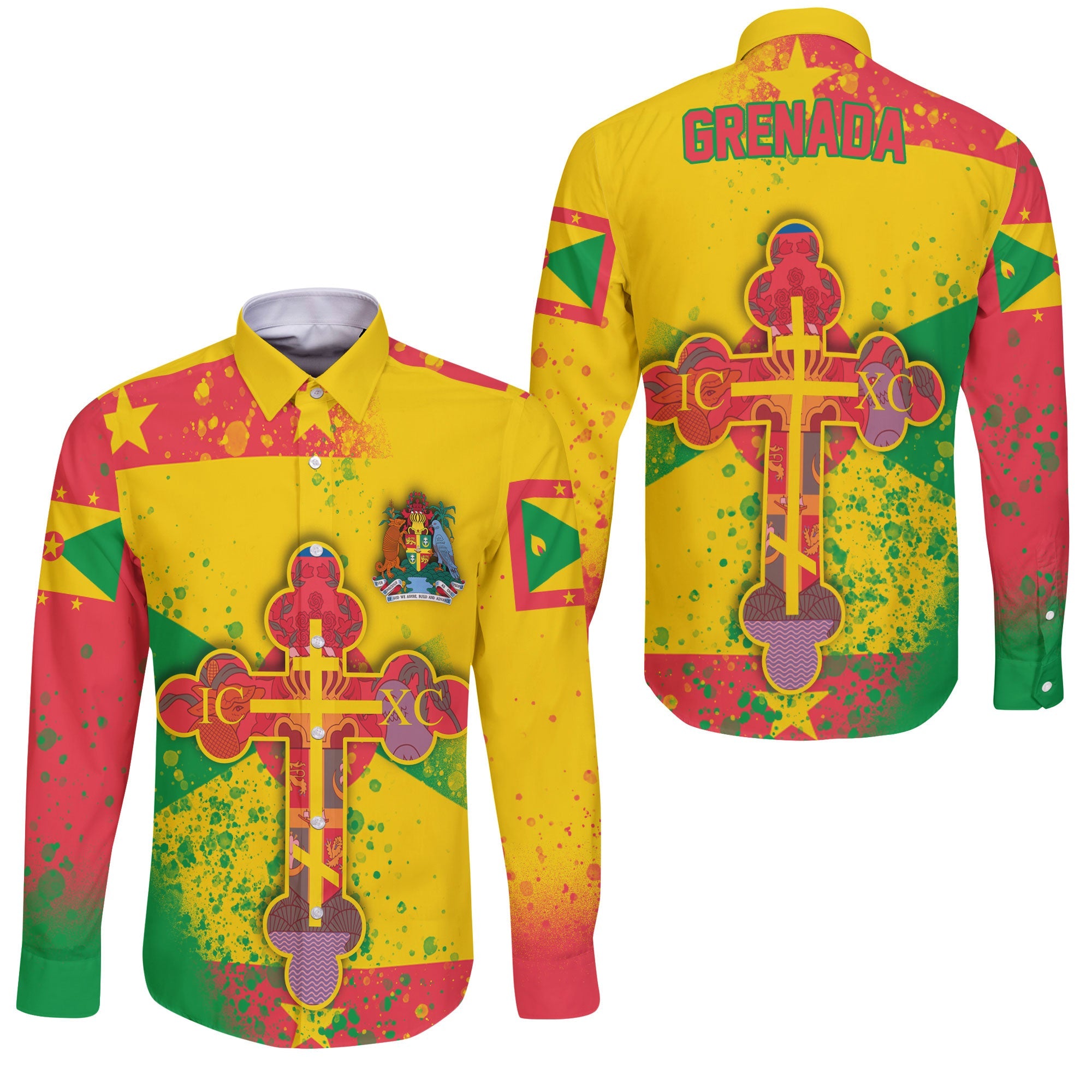 Grenada Long Sleeve Button Shirt Flag & Coat Of Arms Orthodox Style