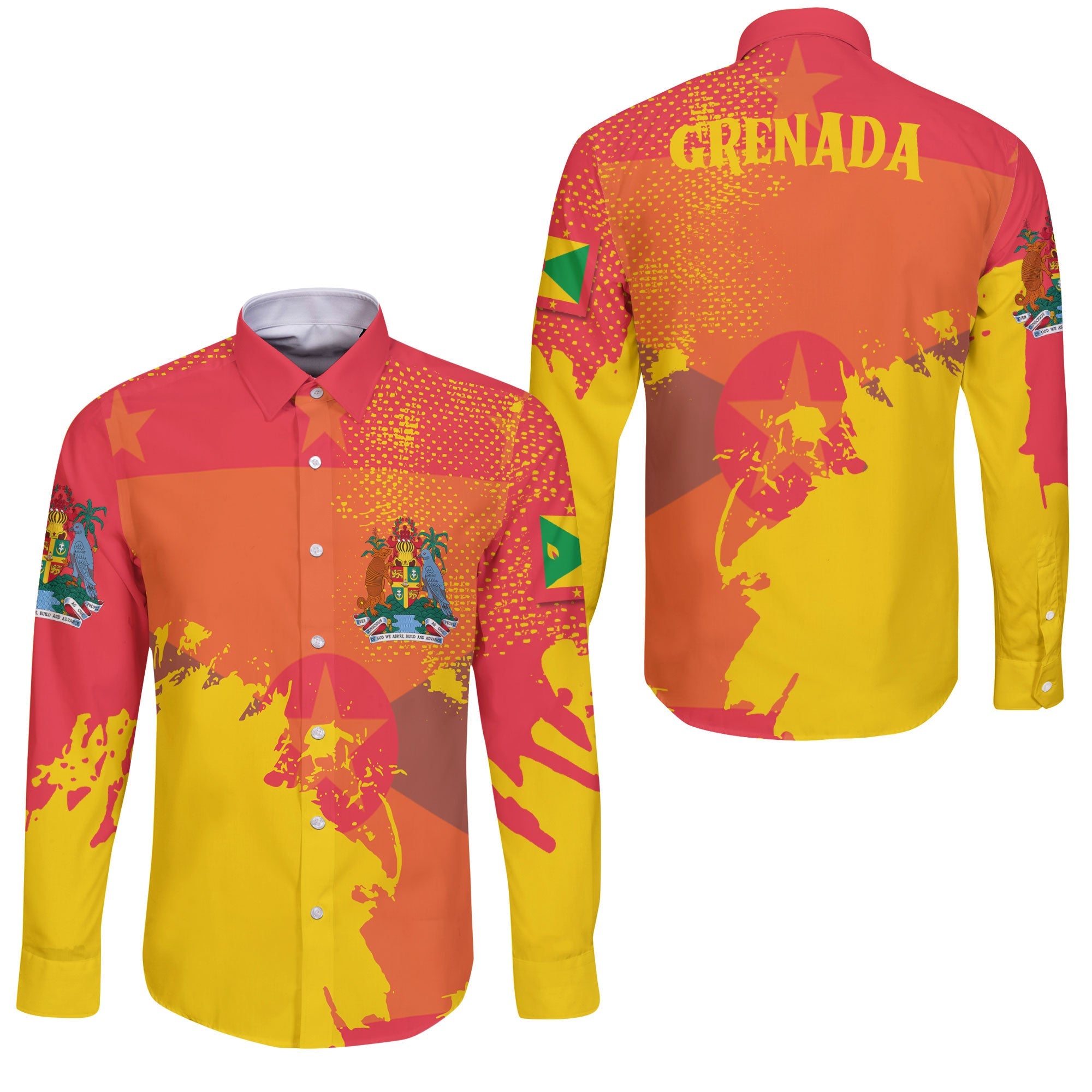 Grenada Long Sleeve Button Shirt Flag & Coat Of Arms Paint Style