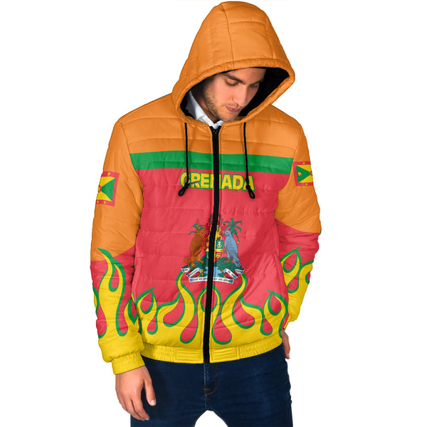 Grenada Men Hooded Padded Jacket Flag & Coat Of Arms Fire Hockey Style