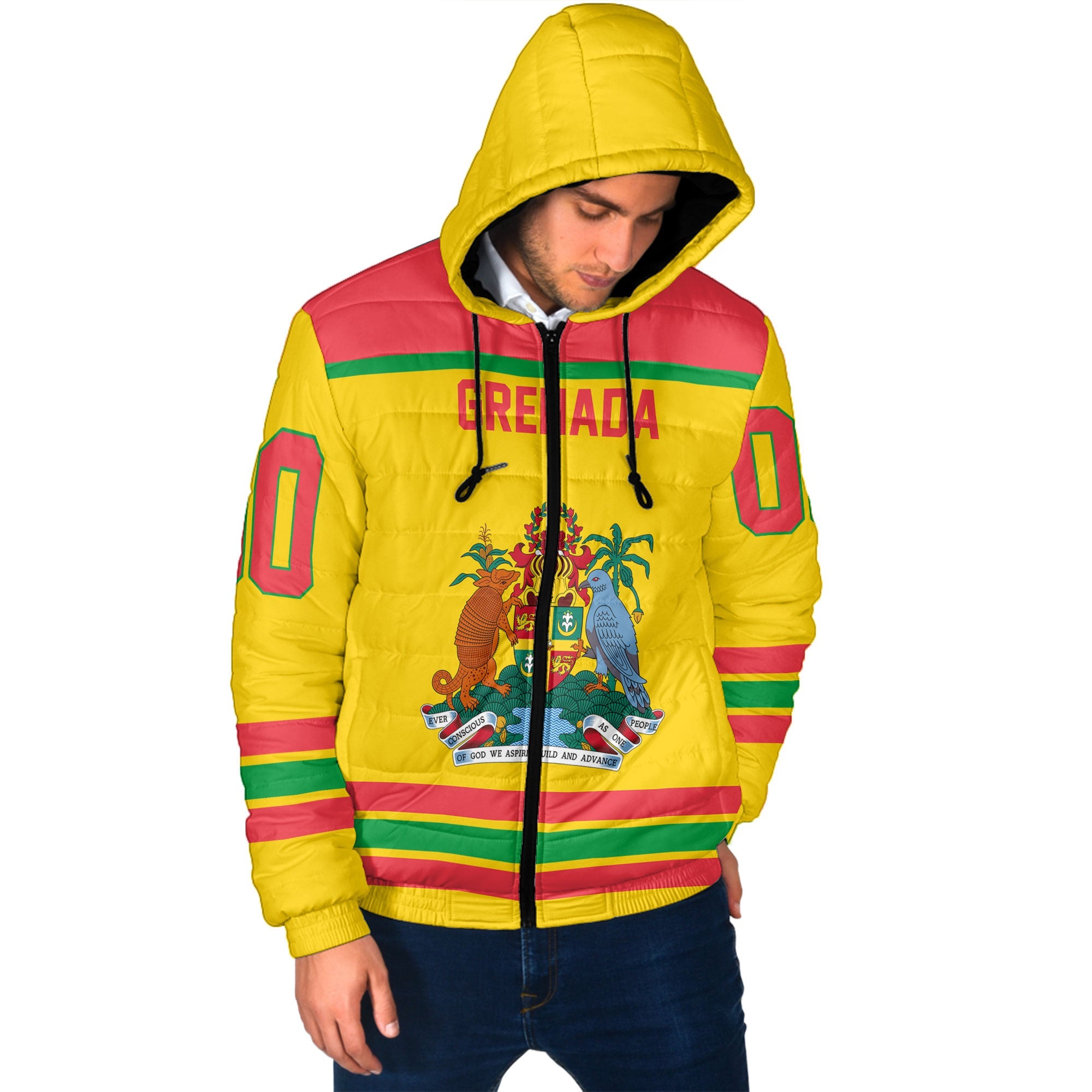 Grenada Men Hooded Padded Jacket Flag & Coat Of Arms Hockey Style