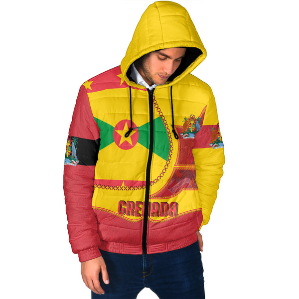 Grenada Men Hooded Padded Jacket Flag & Coat Of Arms Leather Style