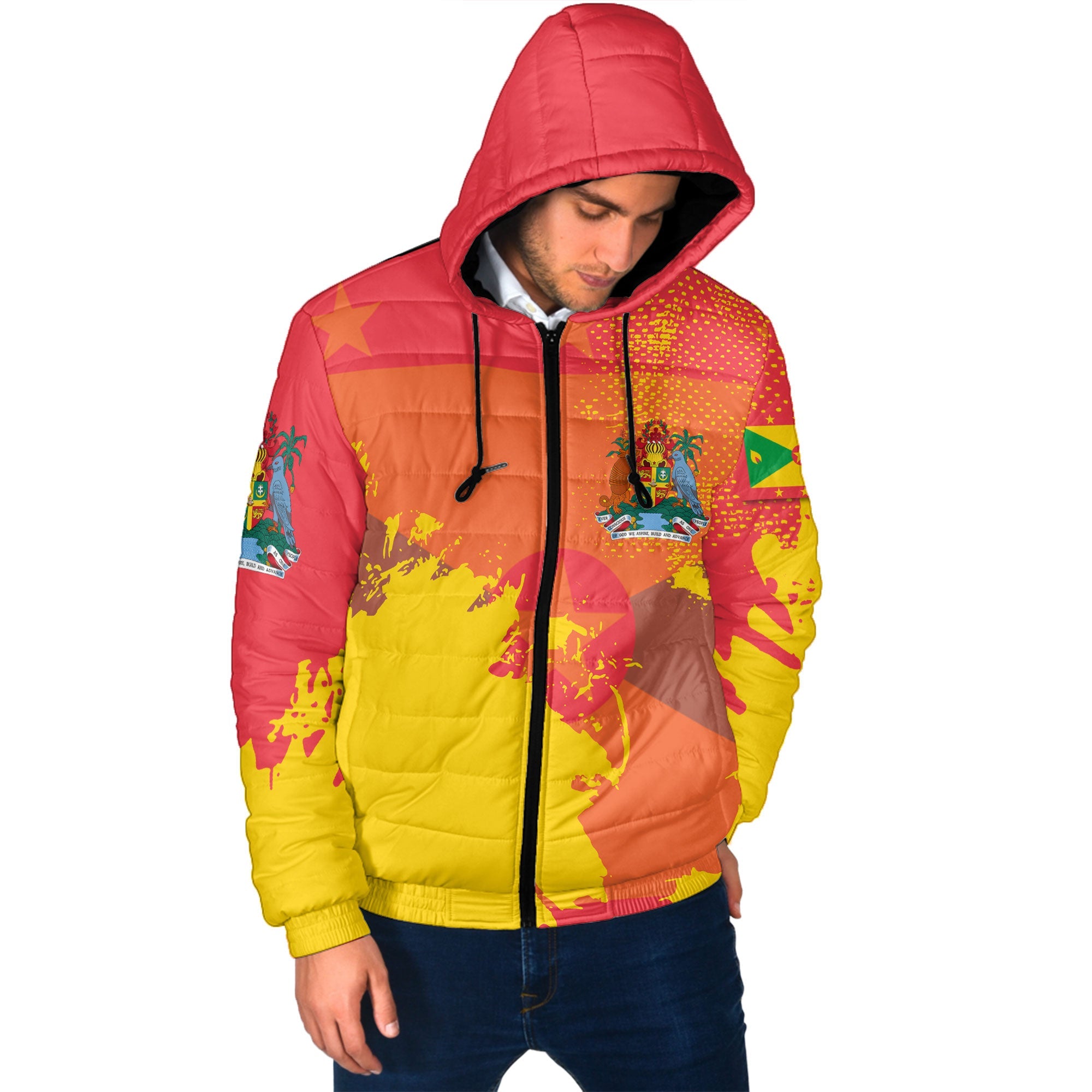 Grenada Men Hooded Padded Jacket Flag & Coat Of Arms Paint Style