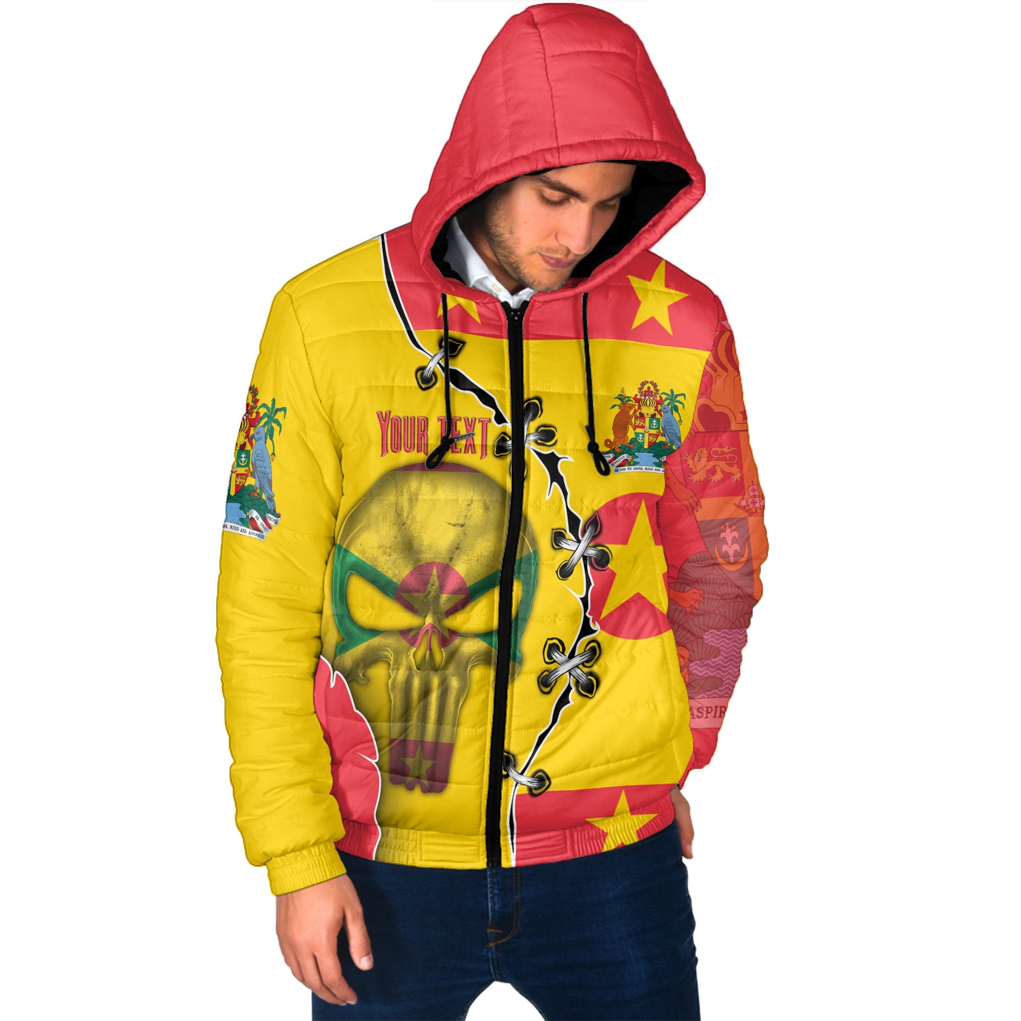 Grenada Men Hooded Padded Jacket Flag & Coat Of Arms Skull Style