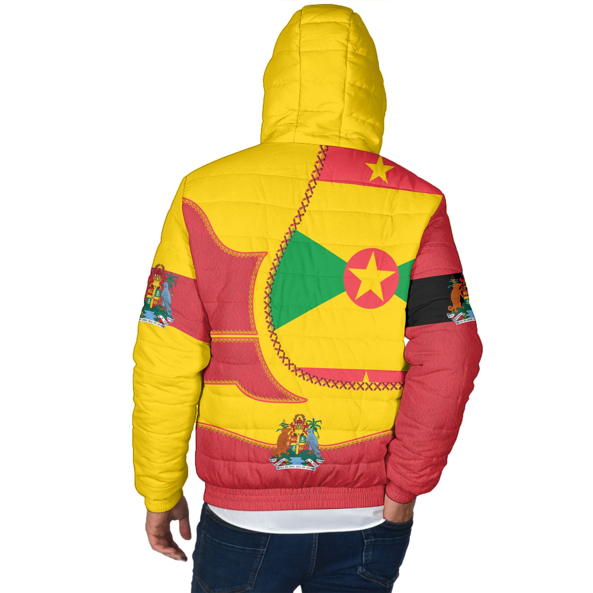 Grenada Men Hooded Padded Jacket Flag & Coat Of Arms Leather Style