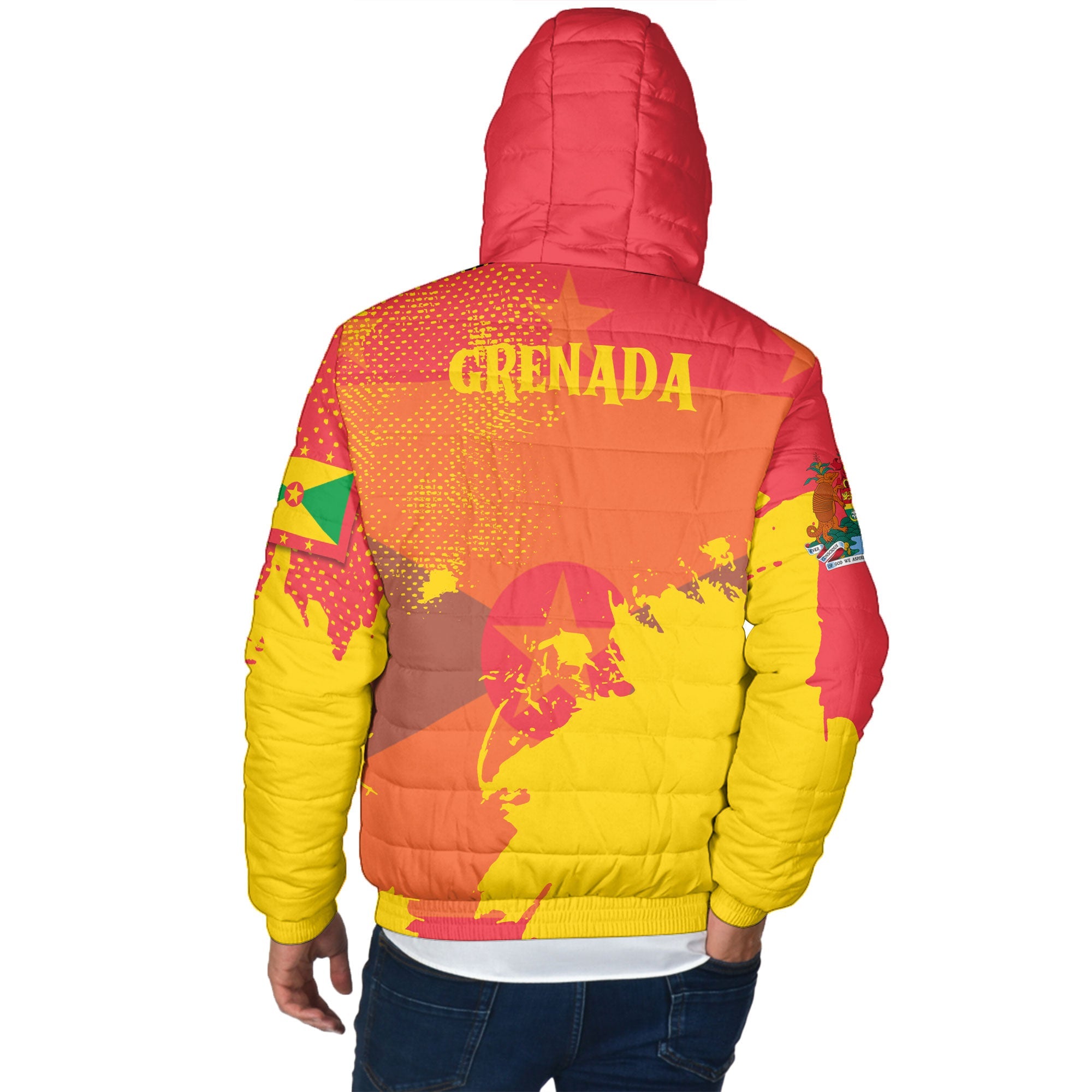 Grenada Men Hooded Padded Jacket Flag & Coat Of Arms Paint Style