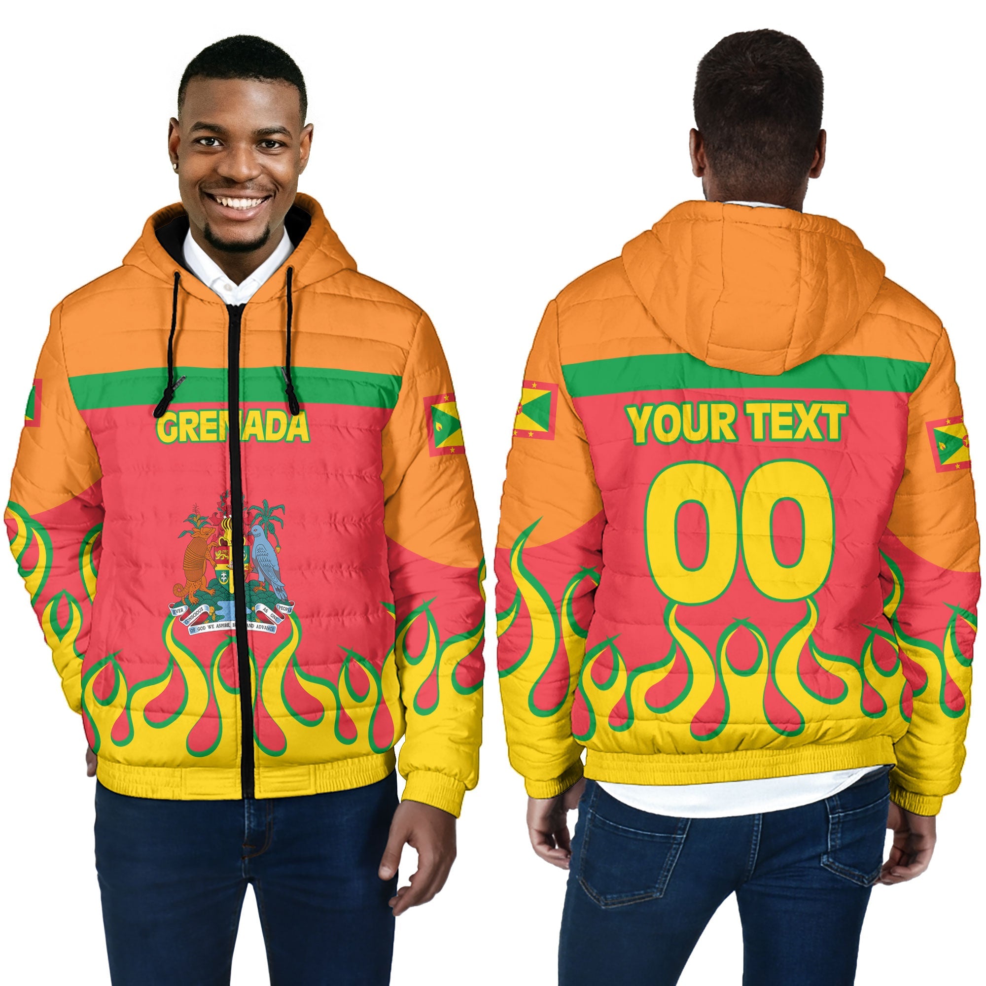 Grenada Men Hooded Padded Jacket Flag & Coat Of Arms Fire Hockey Style