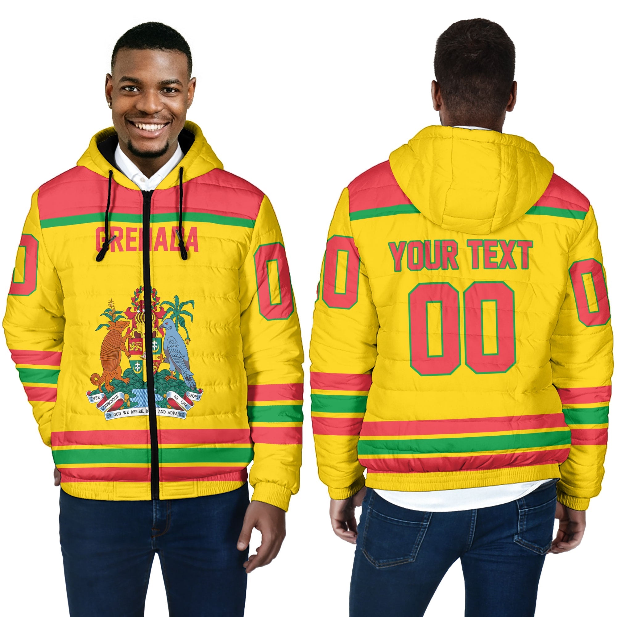 Grenada Men Hooded Padded Jacket Flag & Coat Of Arms Hockey Style