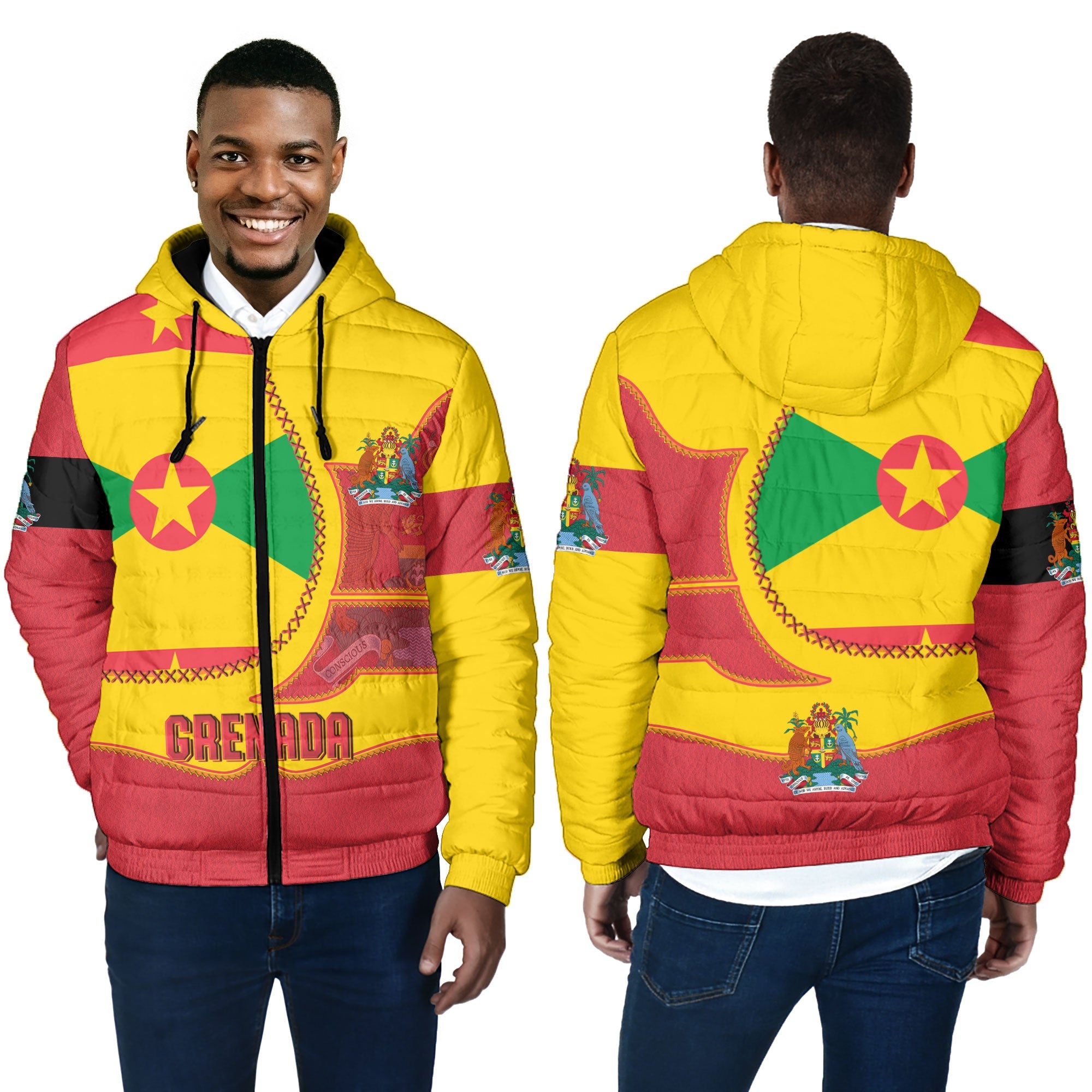 Grenada Men Hooded Padded Jacket Flag & Coat Of Arms Leather Style