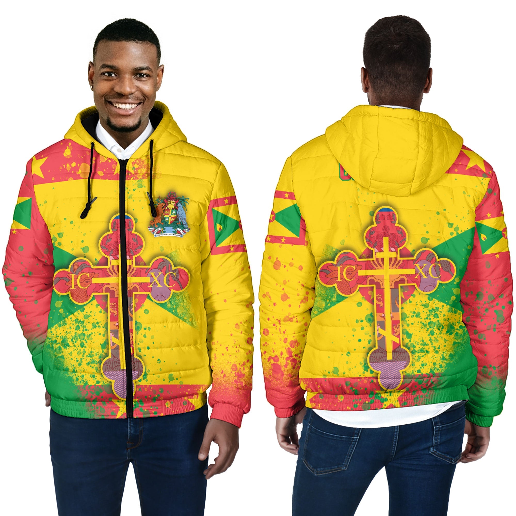 Grenada Men Hooded Padded Jacket Flag & Coat Of Arms Orthodox Style