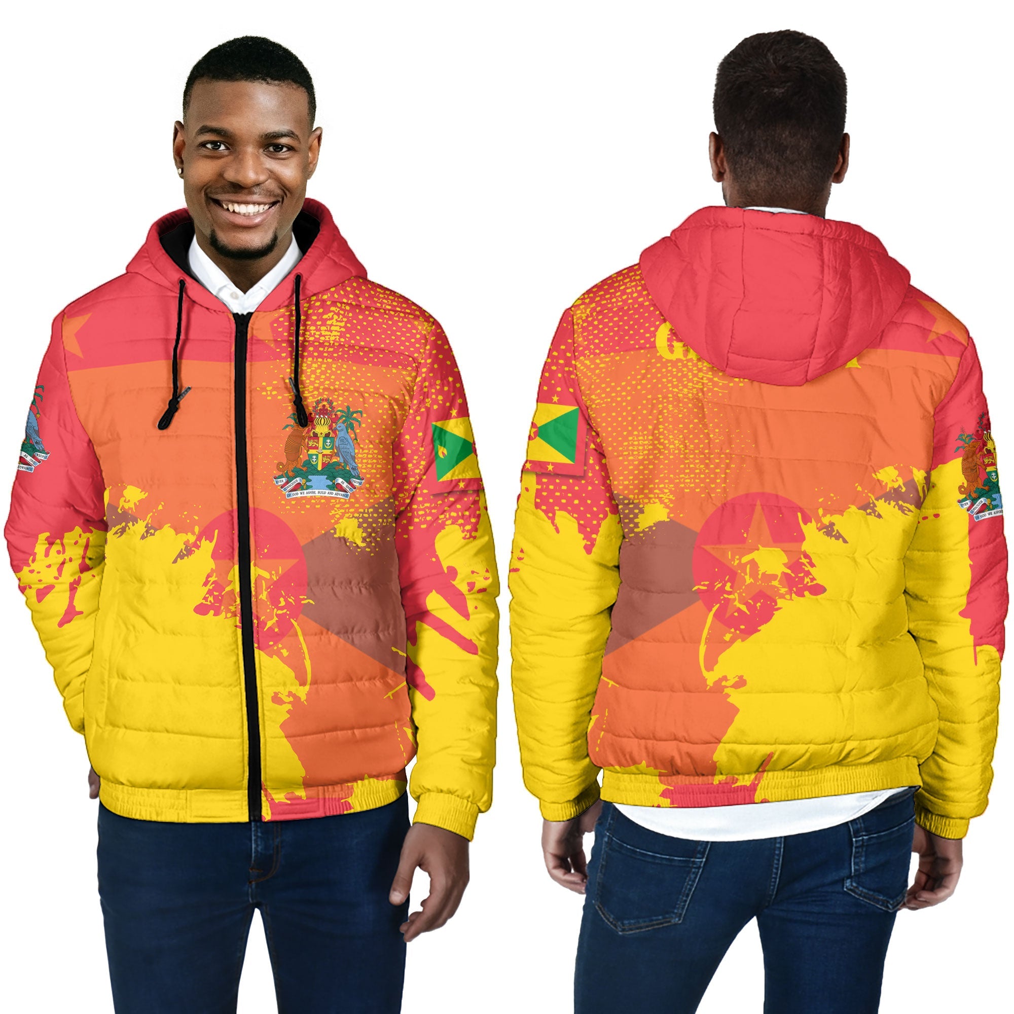 Grenada Men Hooded Padded Jacket Flag & Coat Of Arms Paint Style