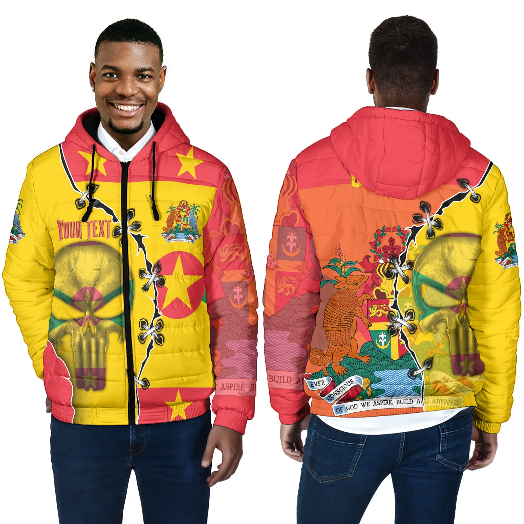 Grenada Men Hooded Padded Jacket Flag & Coat Of Arms Skull Style