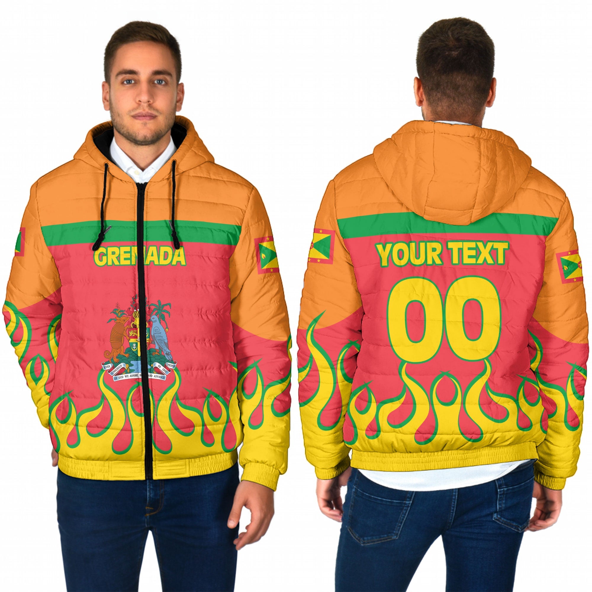 Grenada Men Hooded Padded Jacket Flag & Coat Of Arms Fire Hockey Style