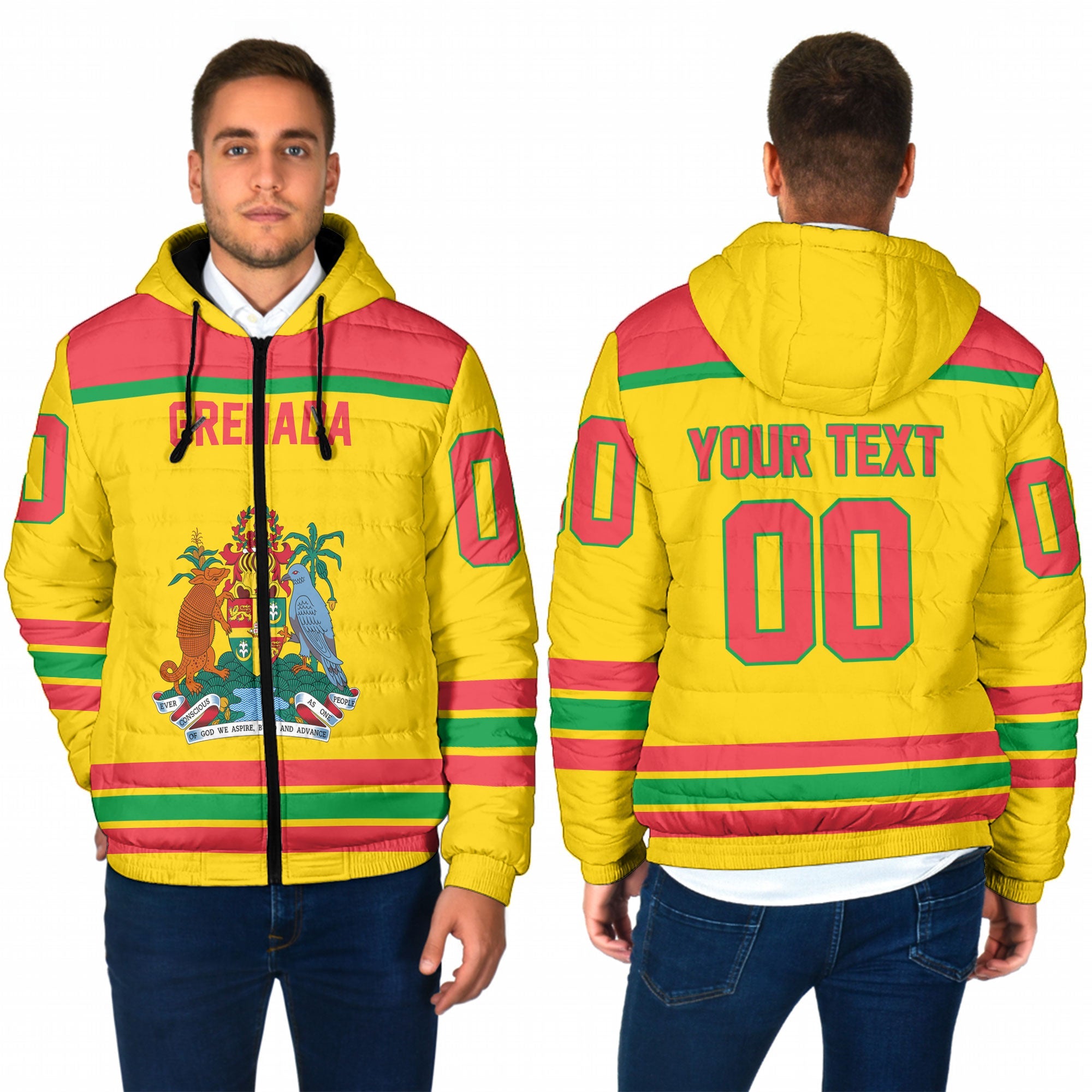 Grenada Men Hooded Padded Jacket Flag & Coat Of Arms Hockey Style