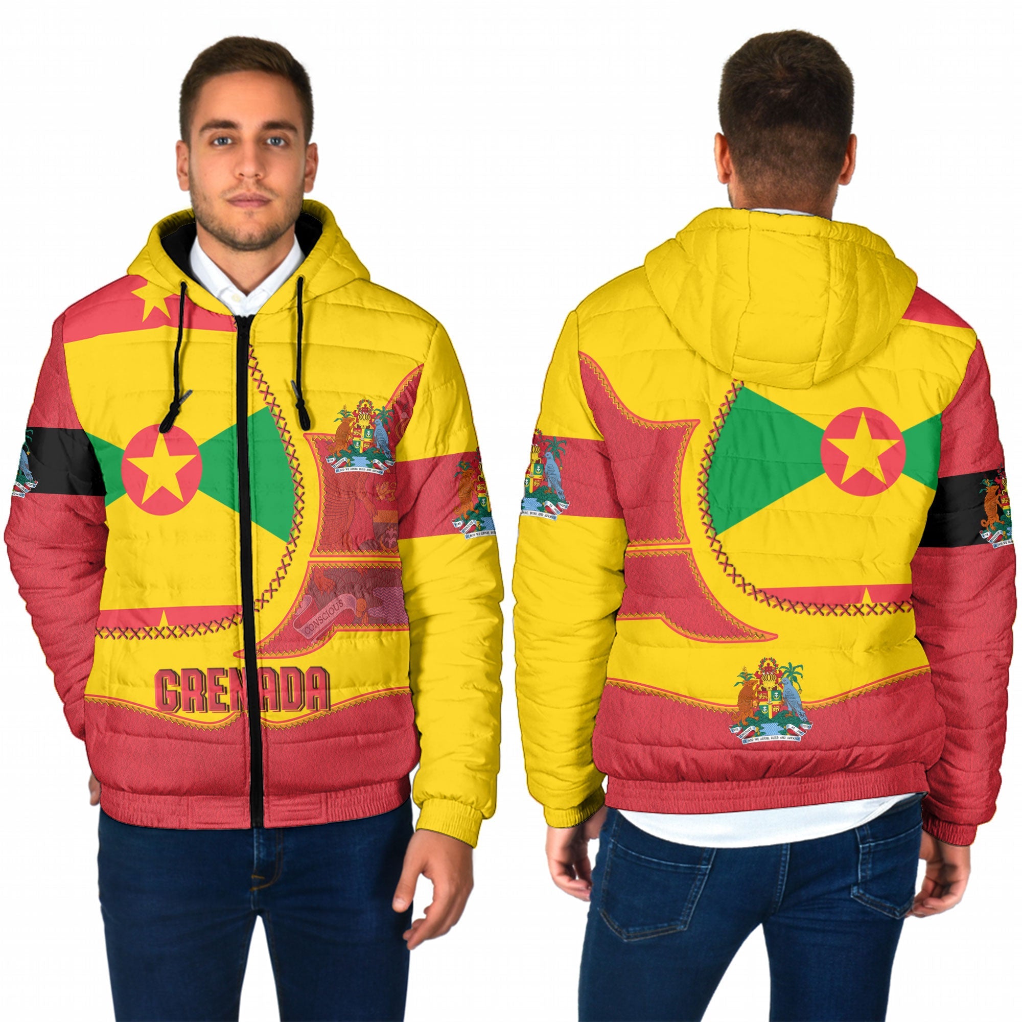 Grenada Men Hooded Padded Jacket Flag & Coat Of Arms Leather Style