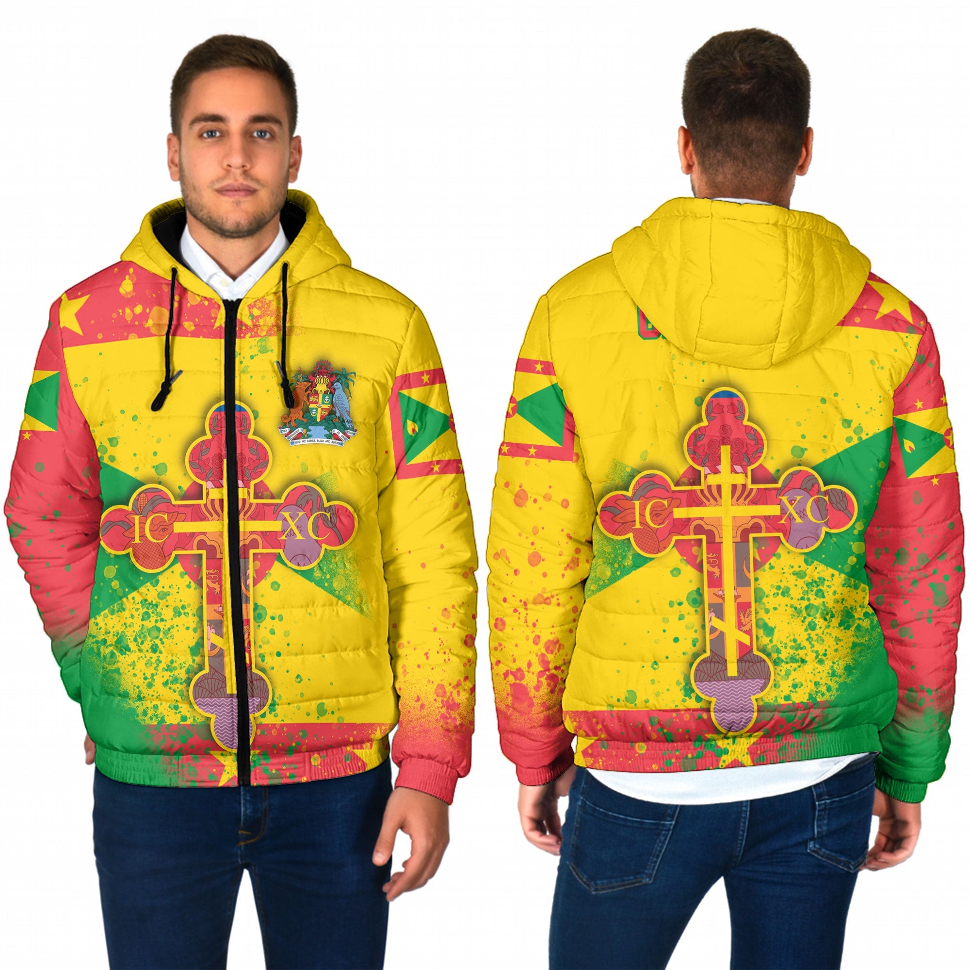 Grenada Men Hooded Padded Jacket Flag & Coat Of Arms Orthodox Style