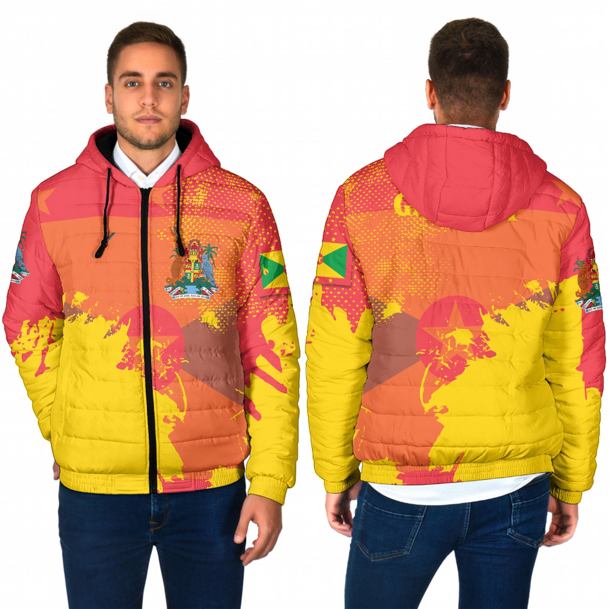 Grenada Men Hooded Padded Jacket Flag & Coat Of Arms Paint Style