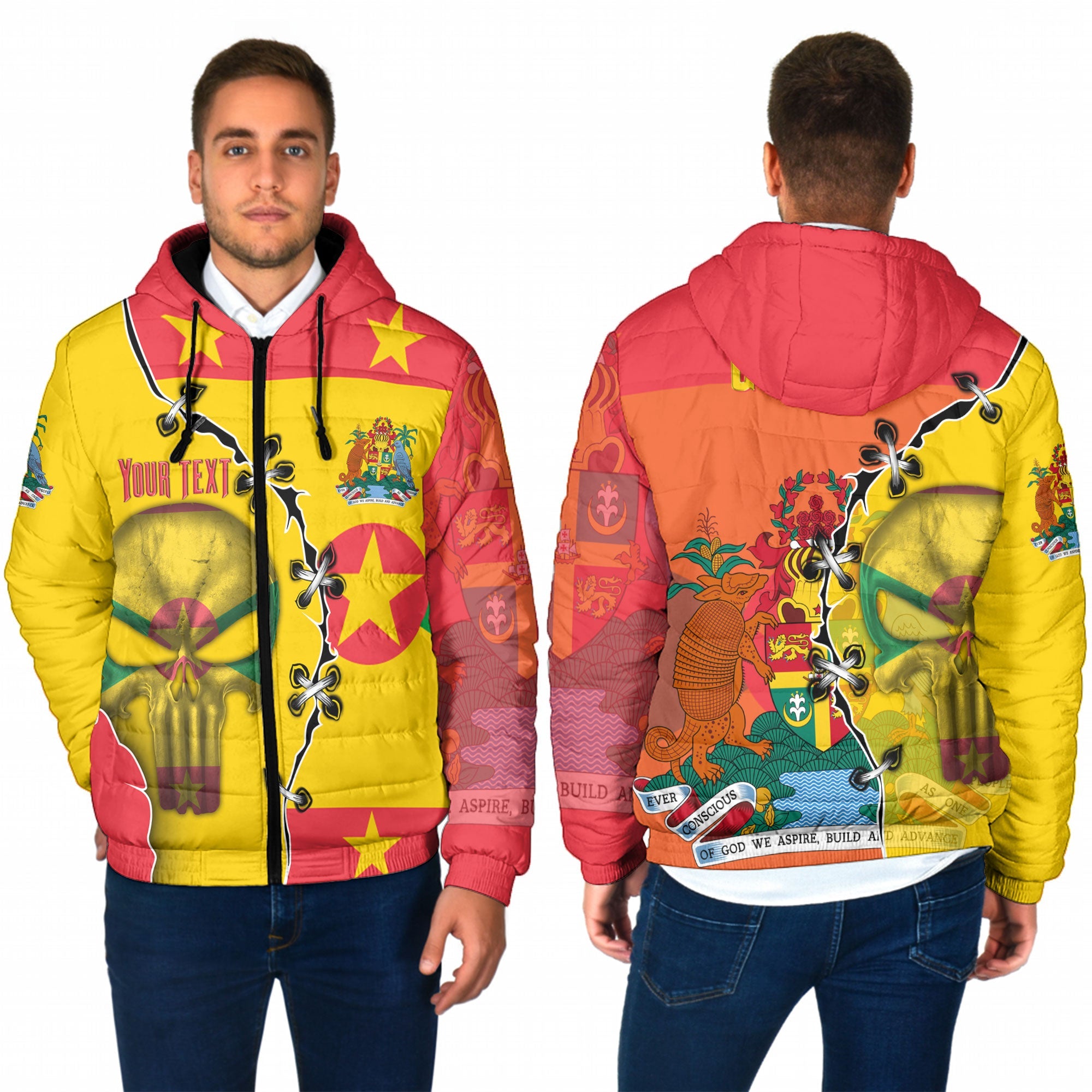 Grenada Men Hooded Padded Jacket Flag & Coat Of Arms Skull Style