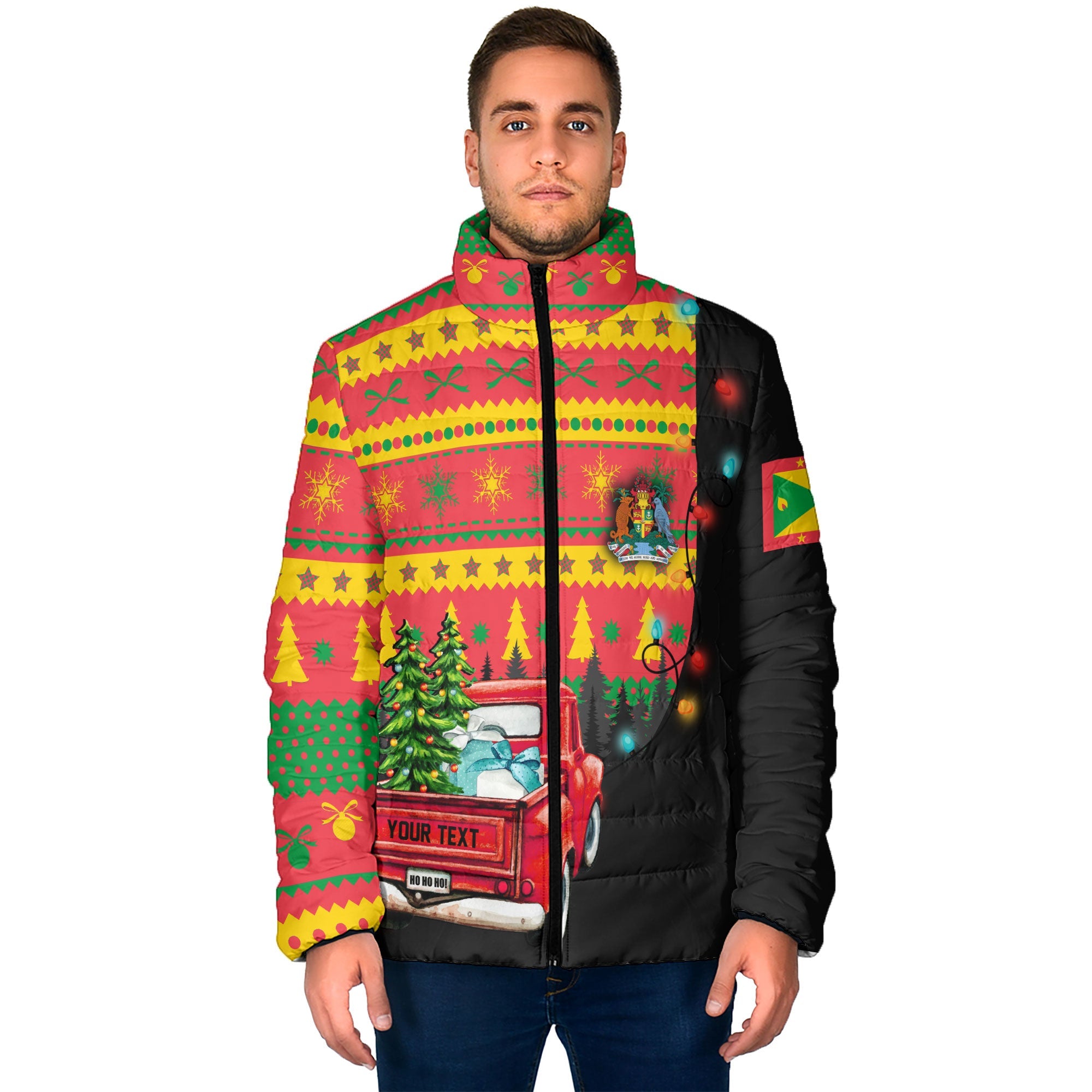 Grenada Men Padded Jacket Coat Of Arms Christmas Style