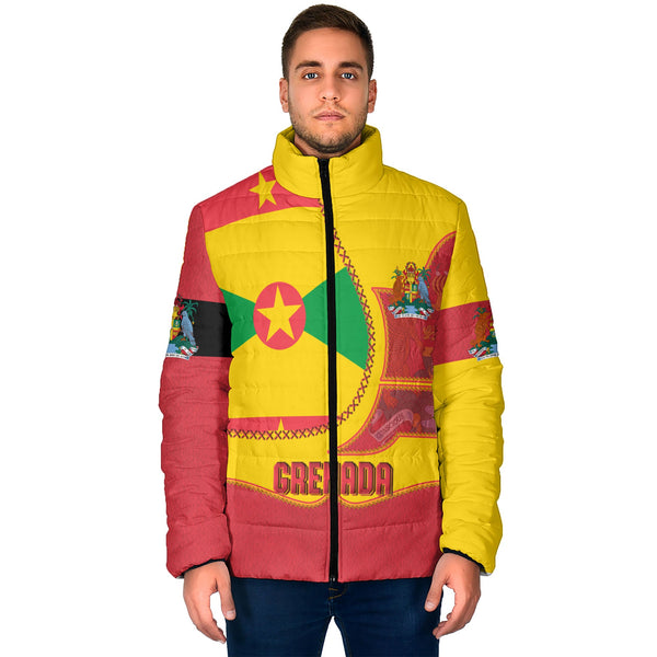 Grenada Men Padded Jacket Flag & Coat Of Arms Leather Style