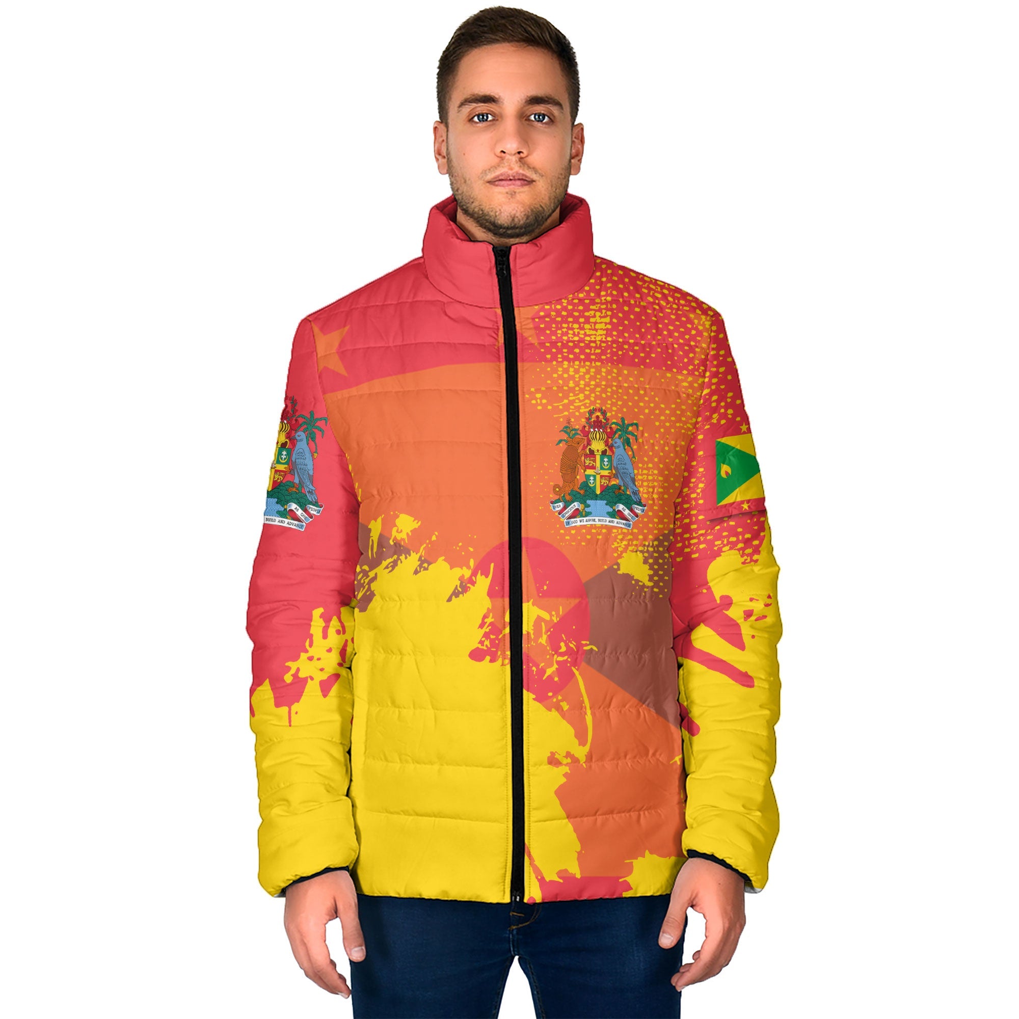 Grenada Men Padded Jacket Flag & Coat Of Arms Paint Style