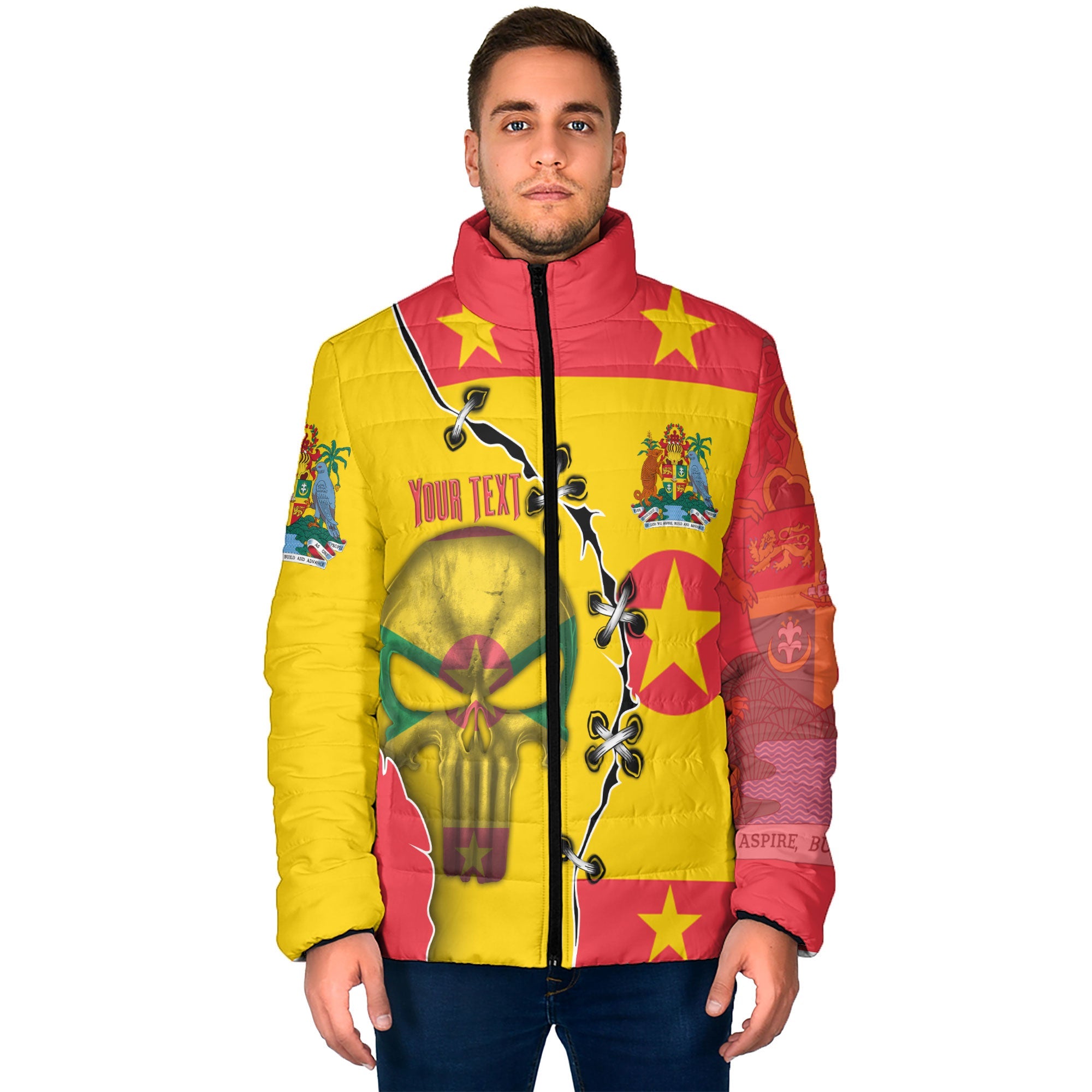 Grenada Men Padded Jacket Flag & Coat Of Arms Skull Style