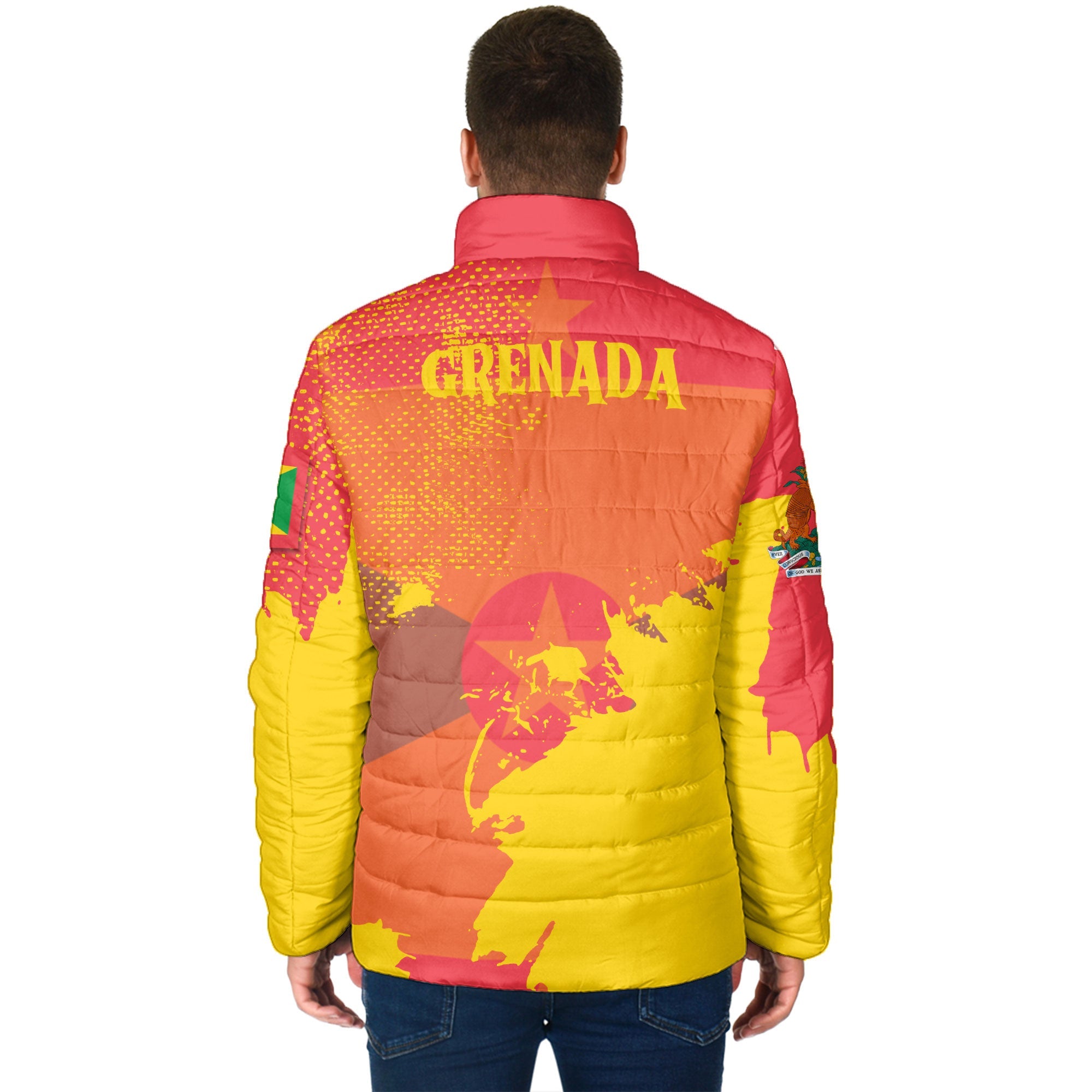 Grenada Men Padded Jacket Flag & Coat Of Arms Paint Style