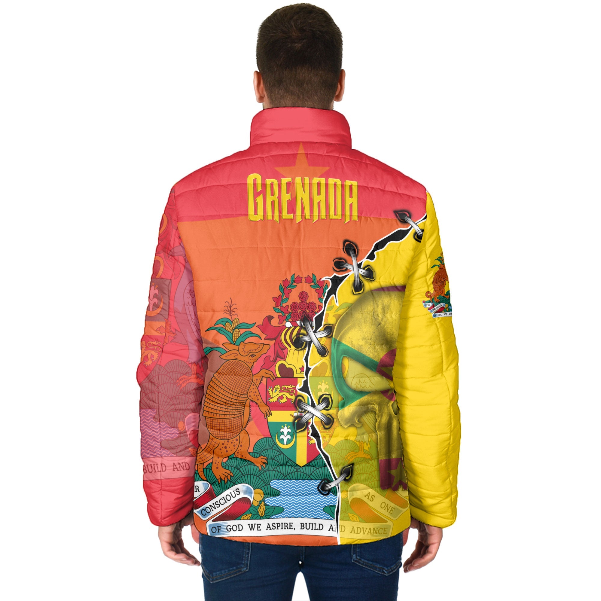 Grenada Men Padded Jacket Flag & Coat Of Arms Skull Style