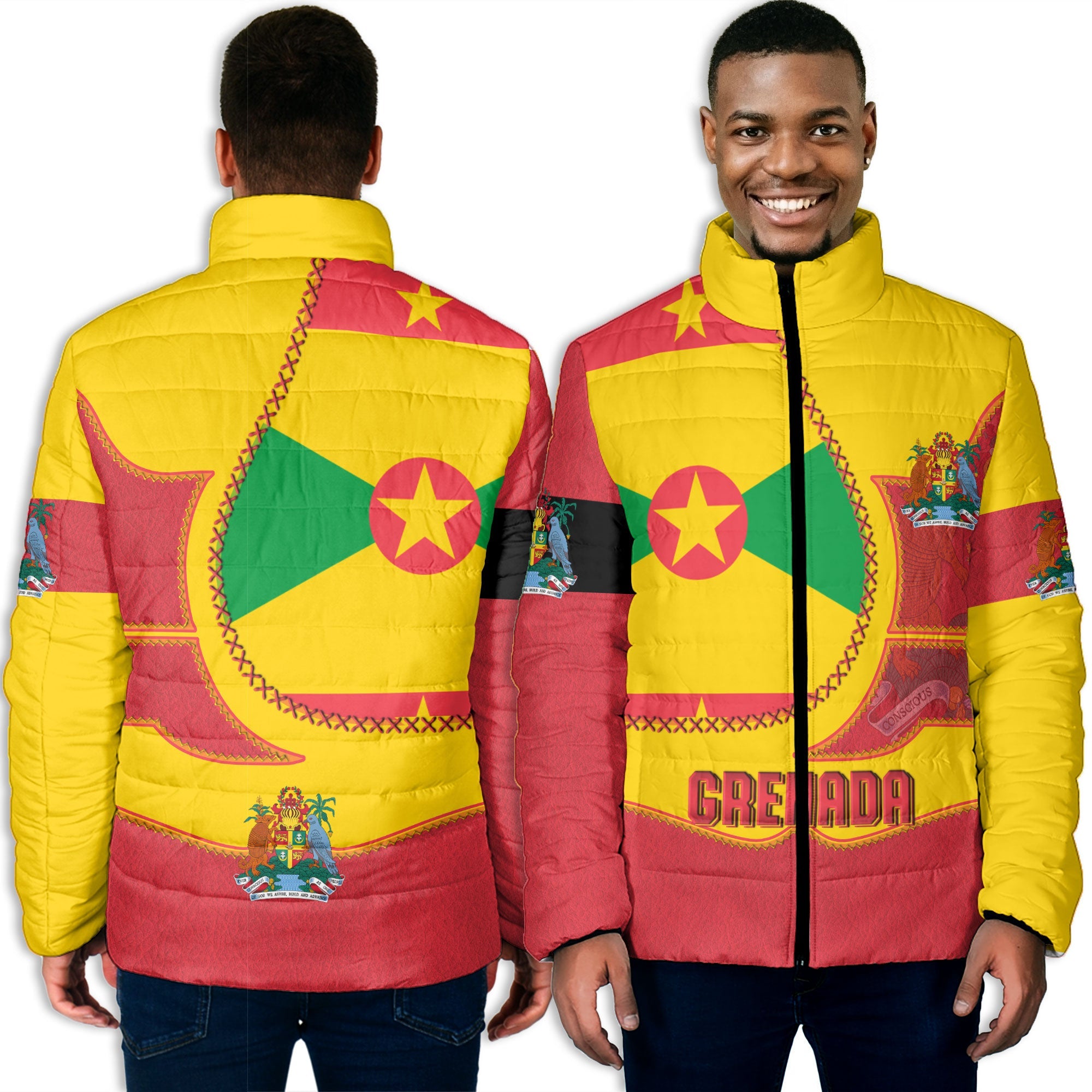 Grenada Men Padded Jacket Flag & Coat Of Arms Leather Style