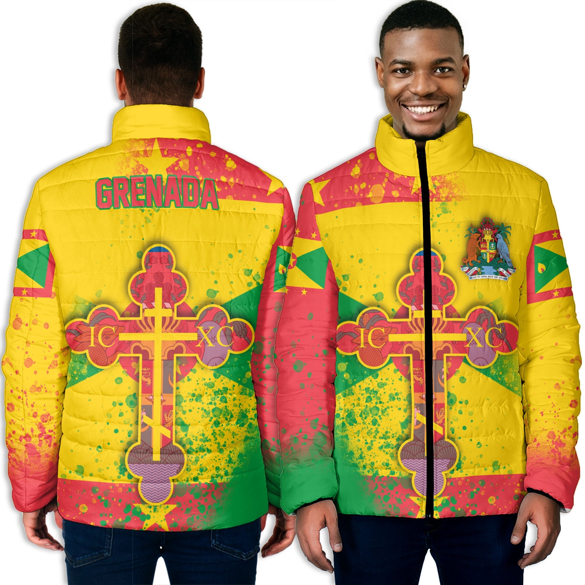 Grenada Men Padded Jacket Flag & Coat Of Arms Orthodox Style