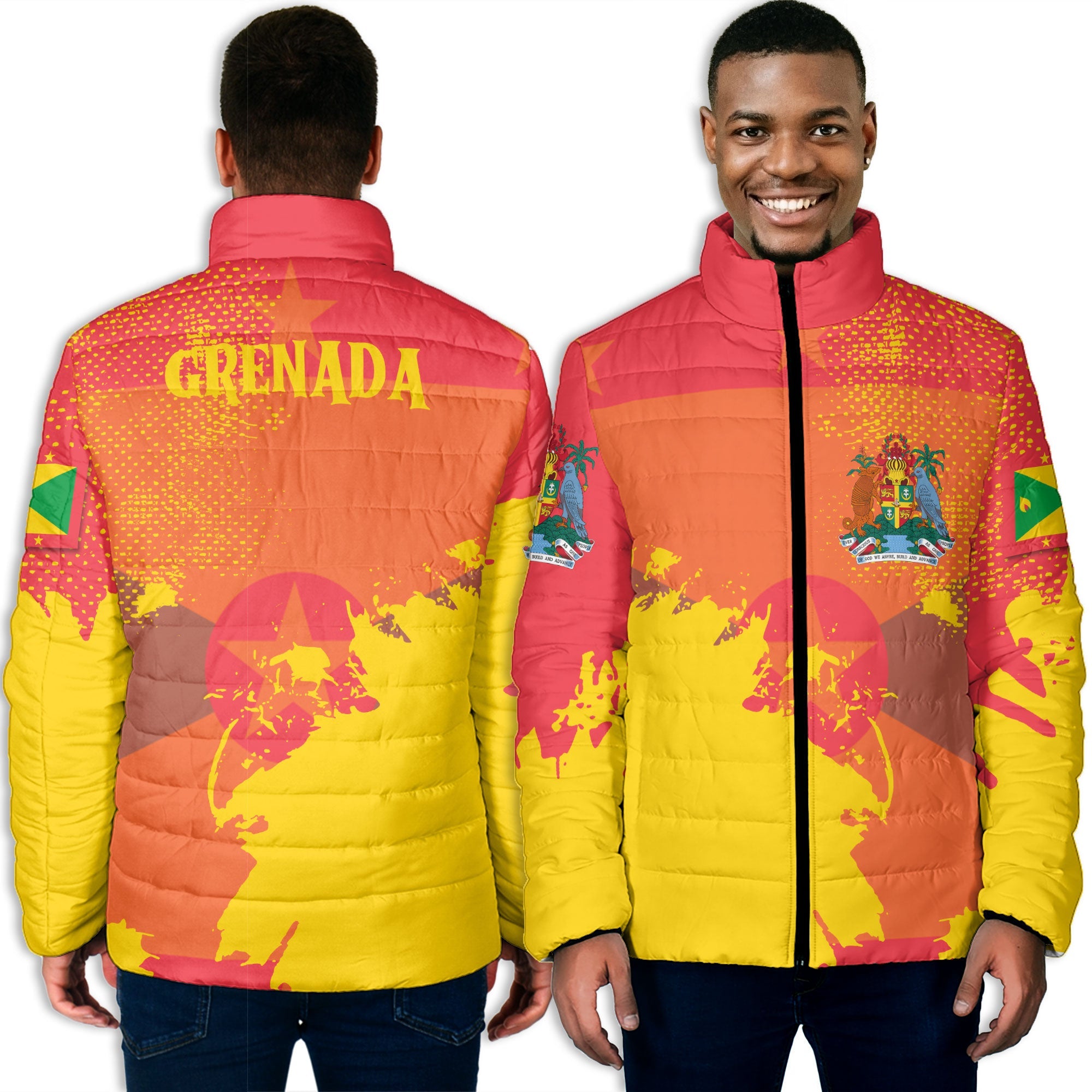 Grenada Men Padded Jacket Flag & Coat Of Arms Paint Style